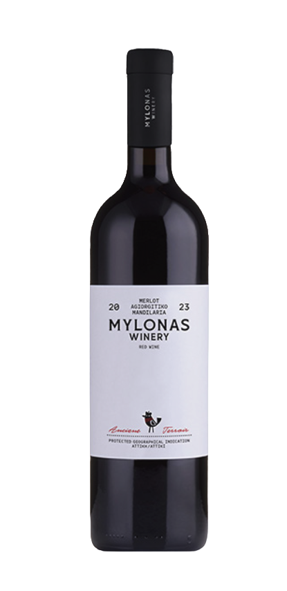 A bottle of red wine from Mylonas Winery with a black cap and a white label displaying the winery's name, grape type, vintage year, and regional certification.