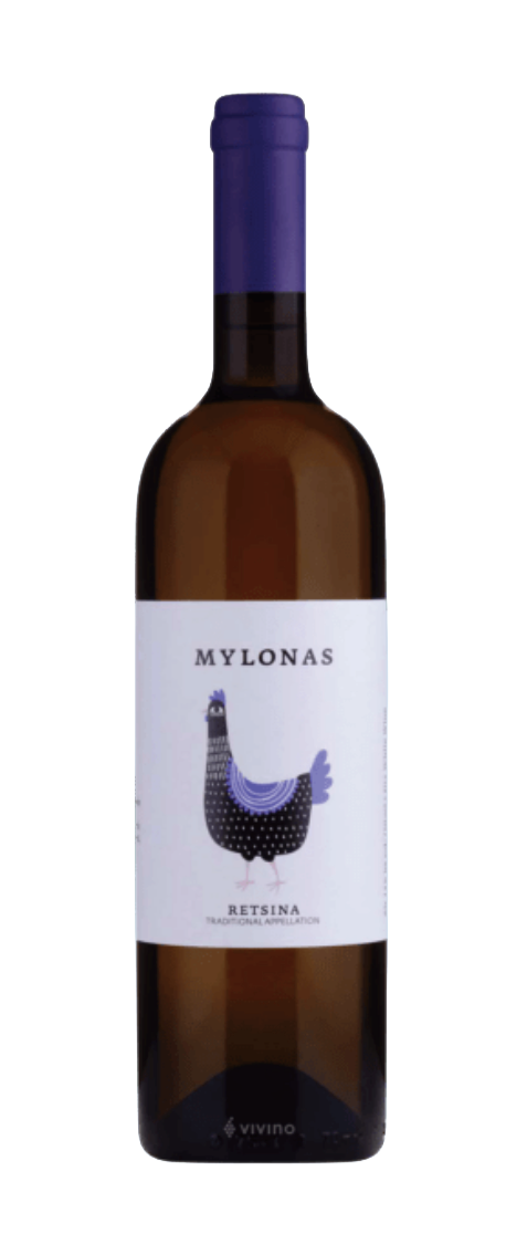 A wine bottle with a blue capsule and a white label featuring a stylized illustration of a black and purple bird.