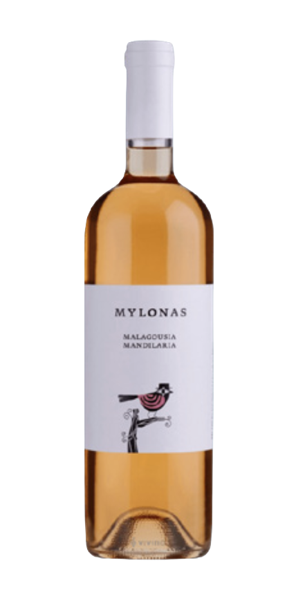 A bottle of Mylonas Malagousia Greek wine with a white label and cap