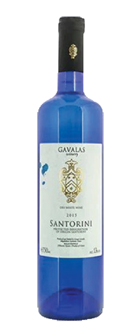 A blue glass bottle of Santorini Gavalas Santa Mariya wine with a black cap featuring a gold emblem, and a white label with gold decorative details.