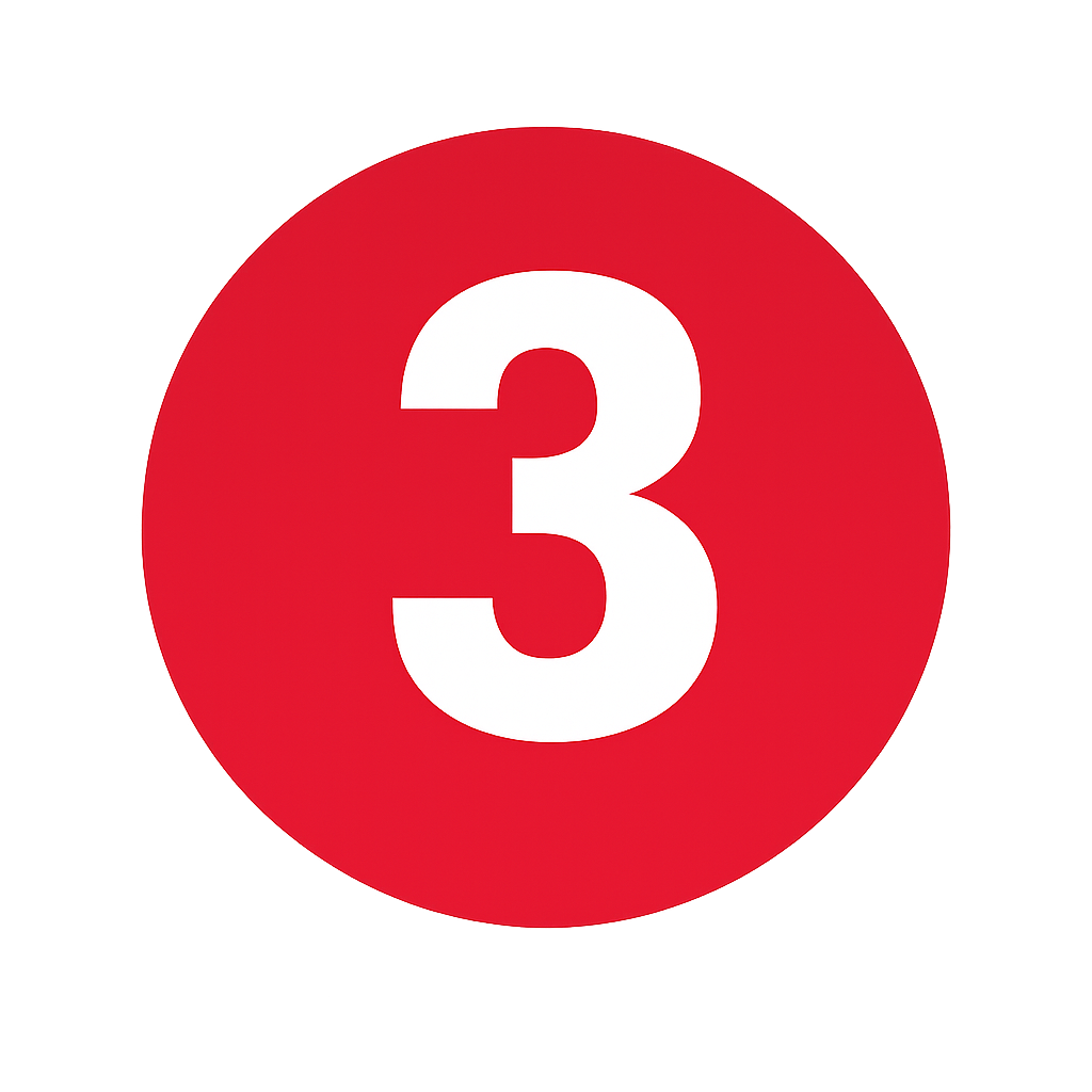 Red circular sign with the number 3 in white text.