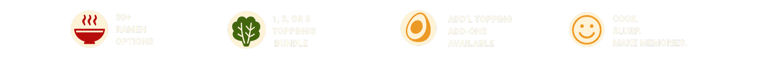 Icons and text describing ramen options: bowl of ramen with steam, flexible topping bundles, add-on toppings available, and a smiley face with the text to cook, slurp, and make memories.