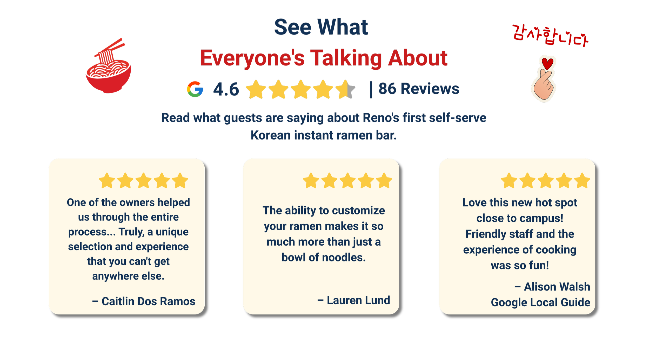 An advertisement for a Korean instant ramen bar, featuring a bowl of noodles with chopsticks, a 4.6-star rating based on 86 reviews, and three customer reviews praising the service, customization options, and location.