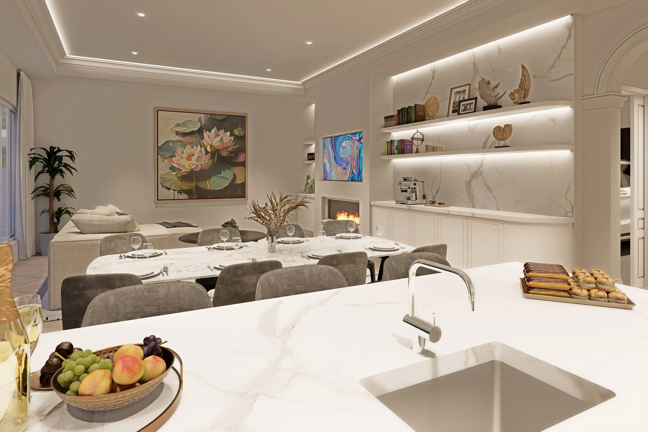 Modern open-concept living and dining room with marble kitchen island, decorative wall with built-in shelves, fireplace, artwork, and elegant decor.