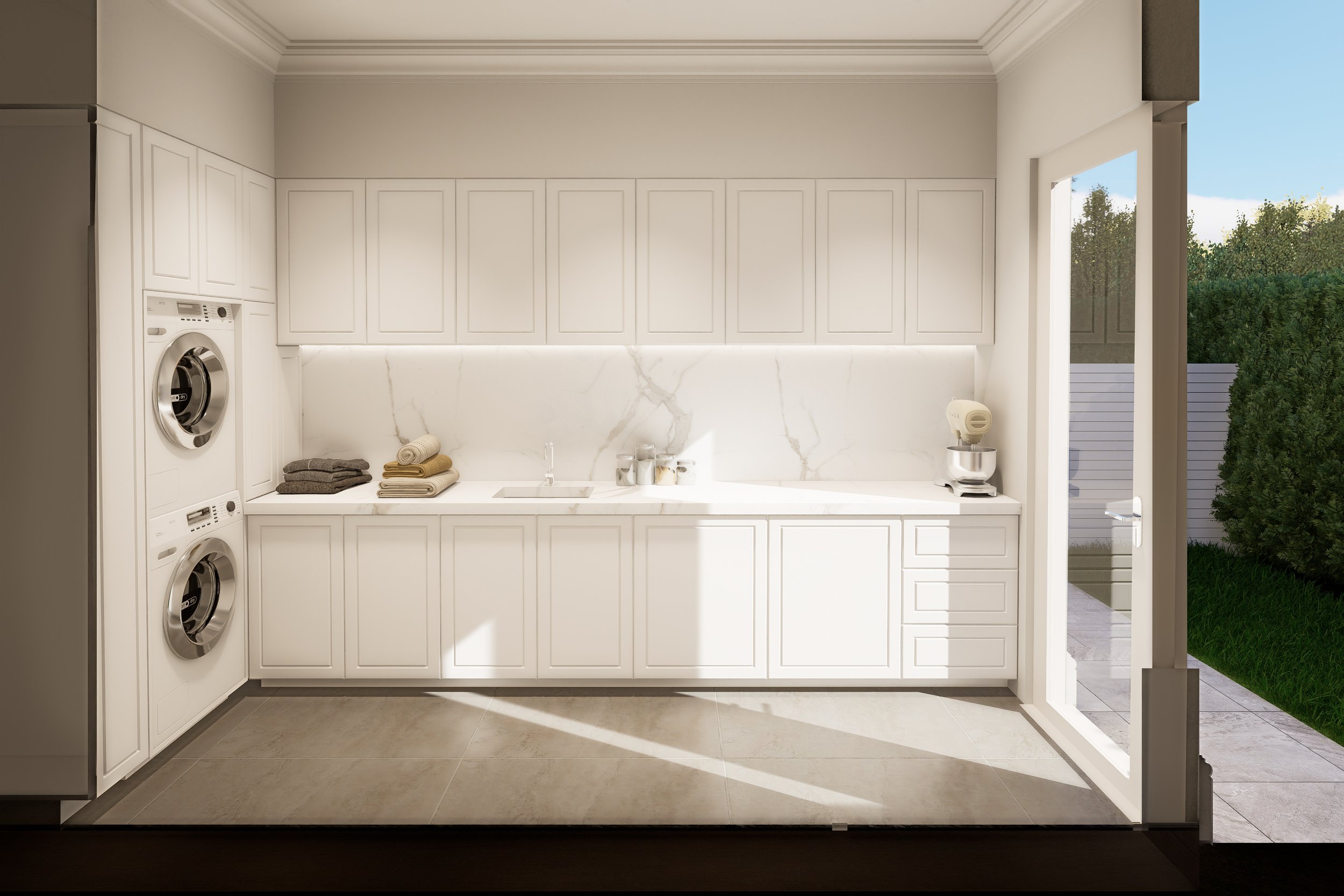 Modern laundry room with white cabinets, marble backsplash, stacked washer and dryer, and towels on the countertop. Open door reveals outdoor patio and sky.