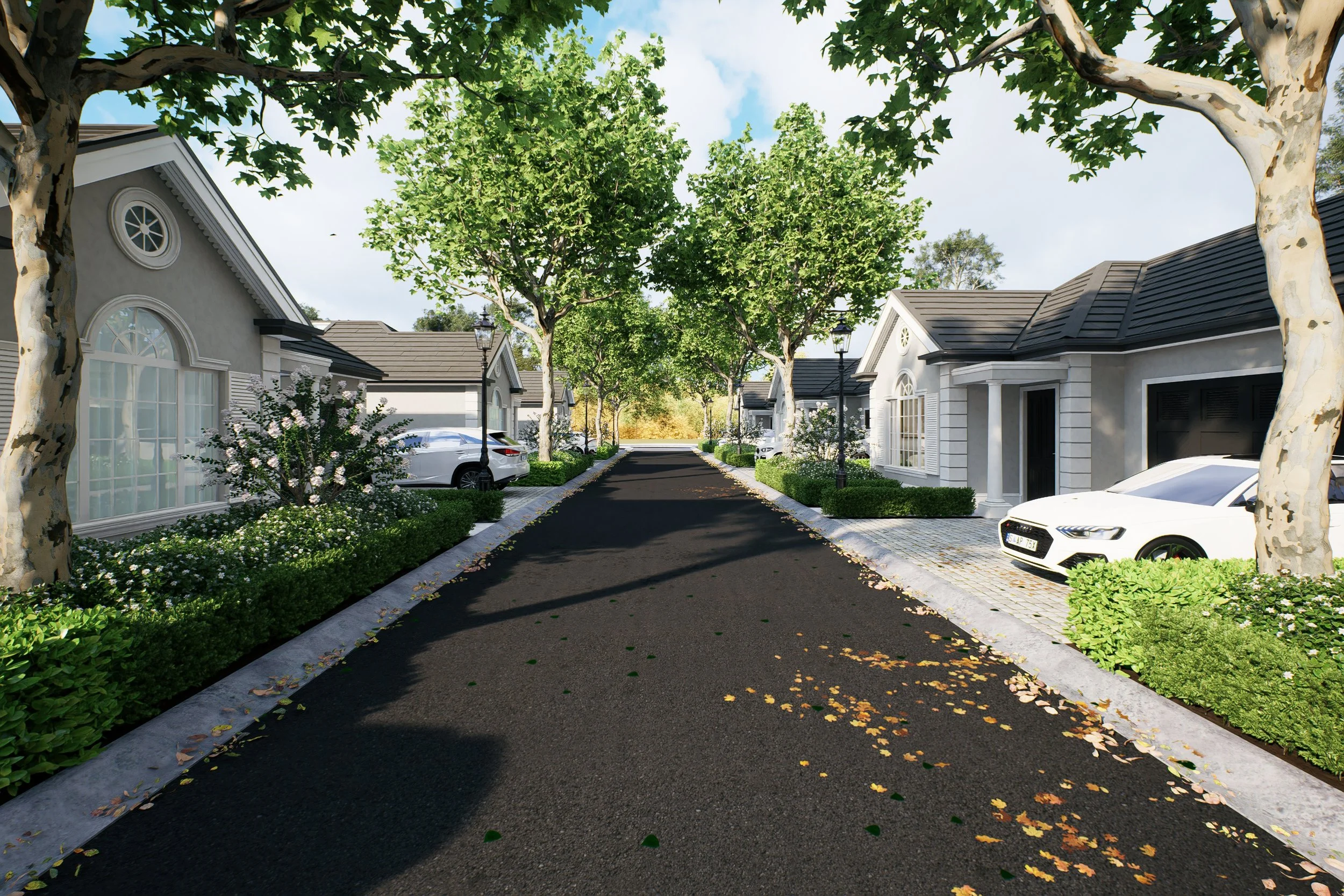 A residential street lined with houses, cars, trees, and street lamps, under a partly cloudy sky.