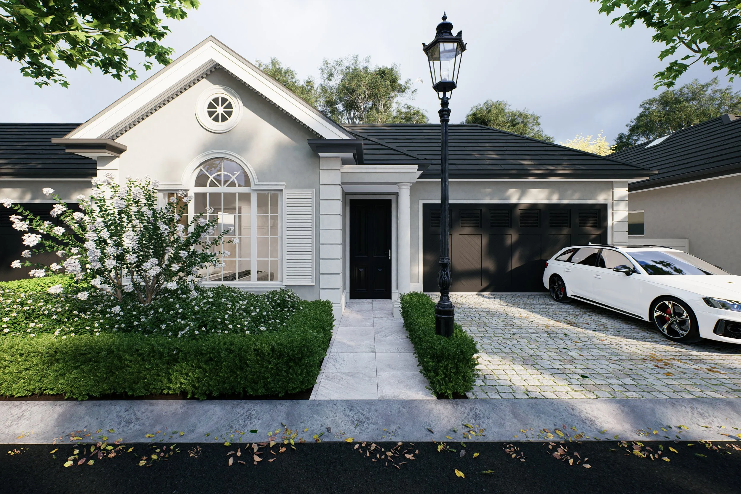 Front view of a modern house with a black garage door and black front door, white exterior walls, large window with white shutters, surrounded by greenery, a white car parked in the driveway, a black lamppost, and a cobblestone walkway.