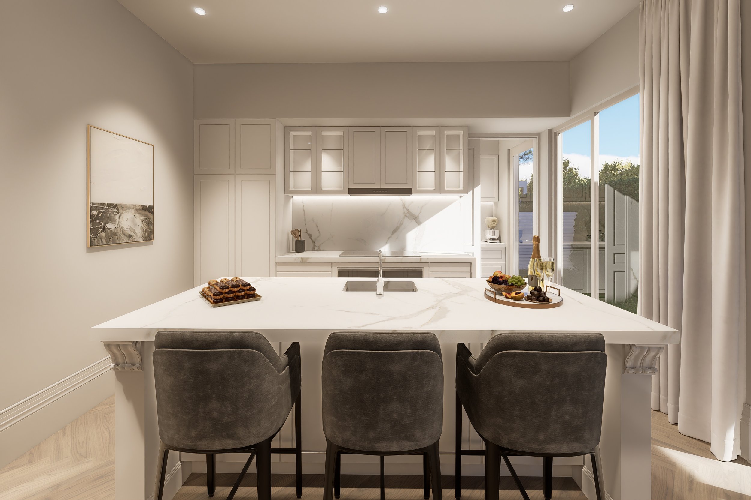 A modern kitchen with white cabinets, marble backsplash, and an island with a white marble countertop. There are chairs at the island, and window with curtains on the right side. Decor includes a tray with pastries and a bowl of fruit on the countertop.