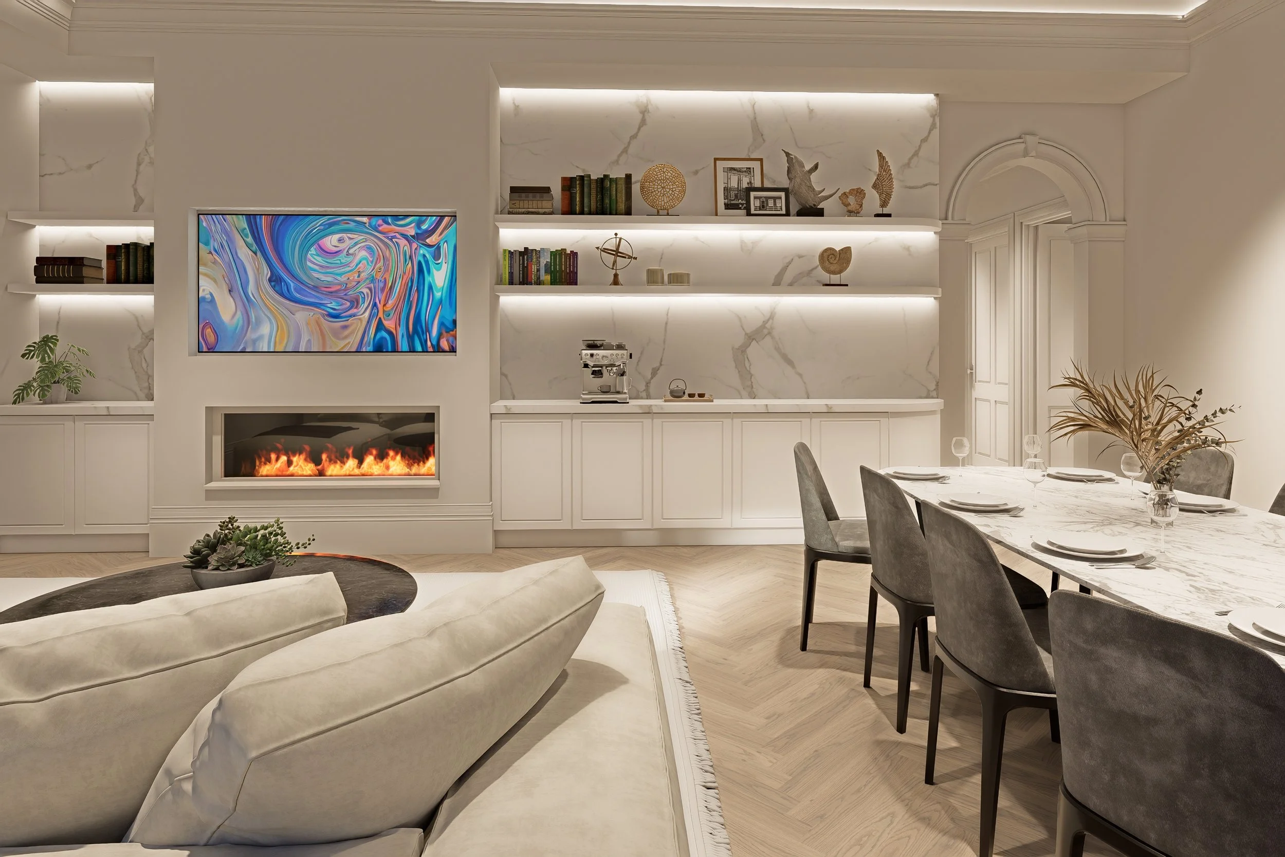 A modern living room and dining area with white marble accents and recessed lighting. Features a white marble fireplace, bookshelves, and decorative sculptures. Includes a marble dining table set with plates, glasses, and a plant centerpiece.