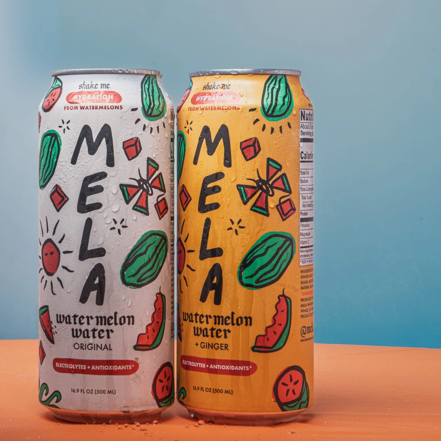 Two Mela watermelon water cans on a blue background.