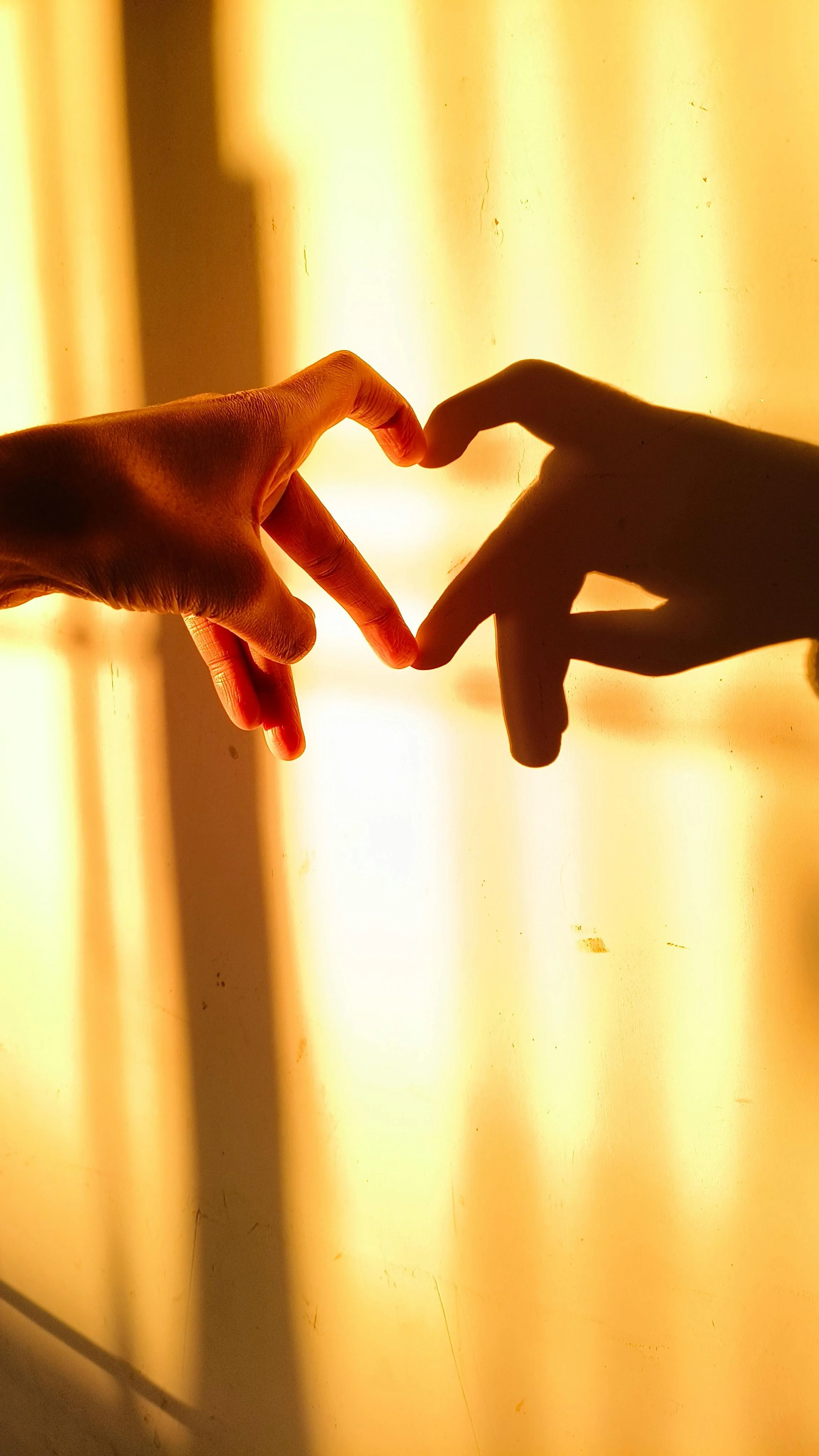 Two hands forming a heart shape with shadows on a yellow wall, with sunlight creating a warm glow.