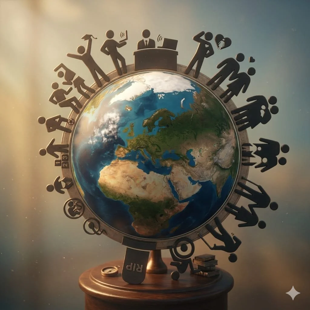 A globe showing Europe, Africa, and parts of Asia and the Middle East, with black silhouette icons of people around it engaged in various activities, representing different aspects of human life. The globe is on a wooden stand with a small stack of books and a cup nearby.