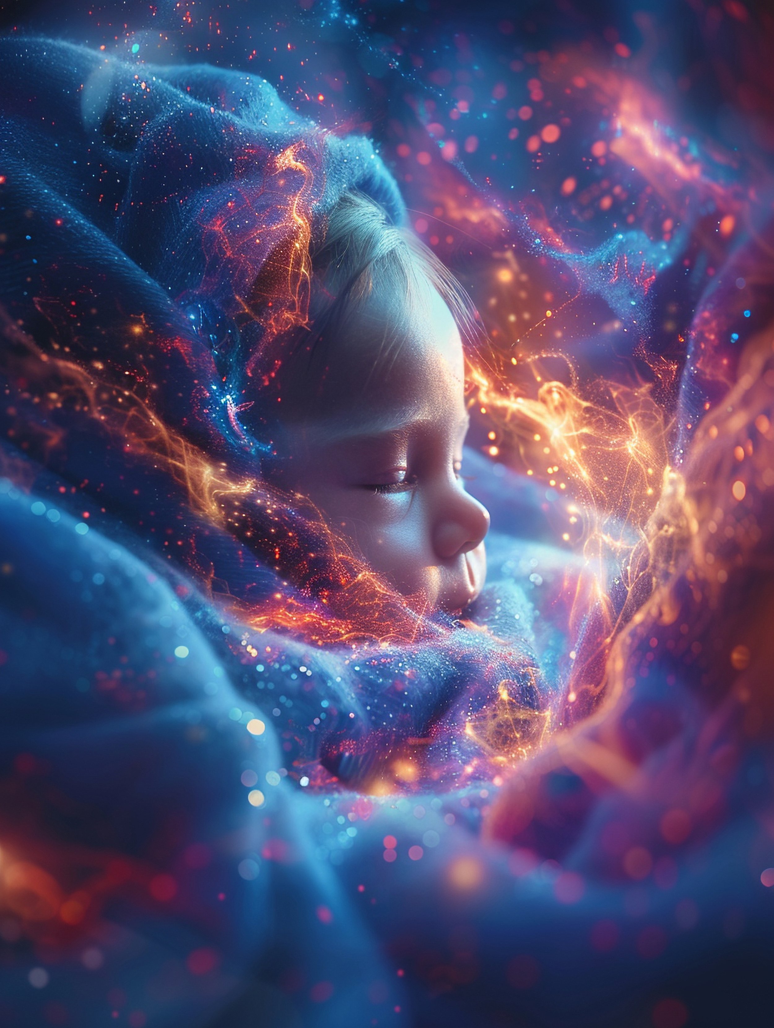 Conceptual artwork of a newborn deeply connected to the universe, illustrating the astro-psychology concept of the perinatal imprint and celestial influence.