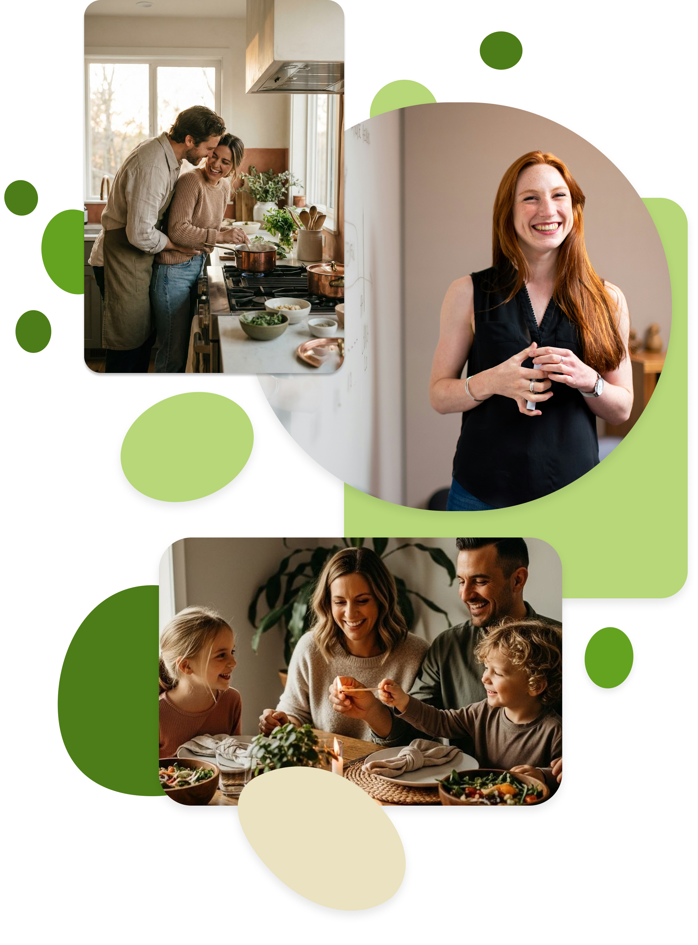 A collage of three images showing people enjoying meals and socializing at home. The first image features a couple cooking together in the kitchen, smiling and close to each other. The second image displays a woman with long red hair smiling at the camera. The third image shows a family sitting around a table, sharing a meal and smiling with children and adults present.