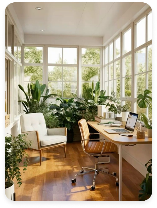 Bright and welcoming life coaching office with large windows, natural lighting, and abundant green plants, featuring an open, organic, and calming environment designed for reflection and personal growth