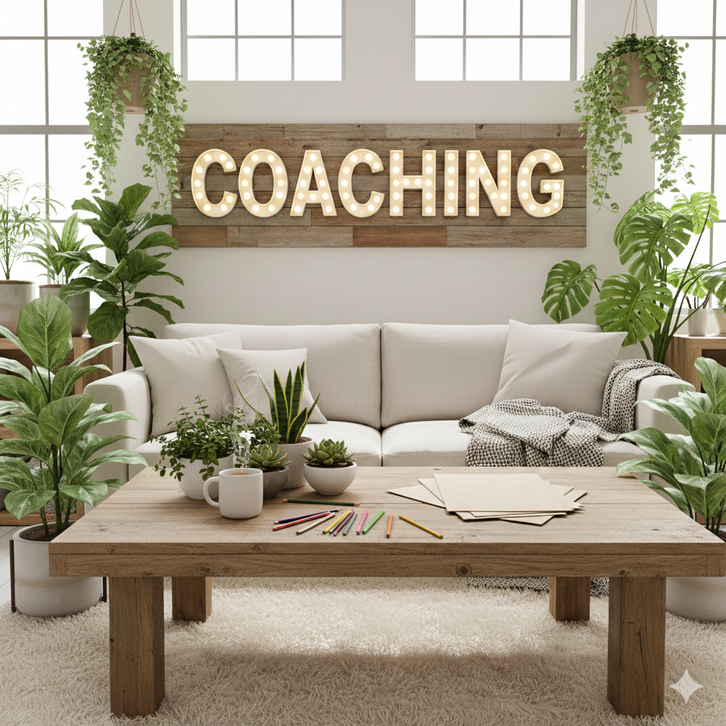 Cozy couch in a welcoming coaching space with a decorative sign that reads ‘Coaching,’ styled in a warm, inviting environment designed for conversation and reflection