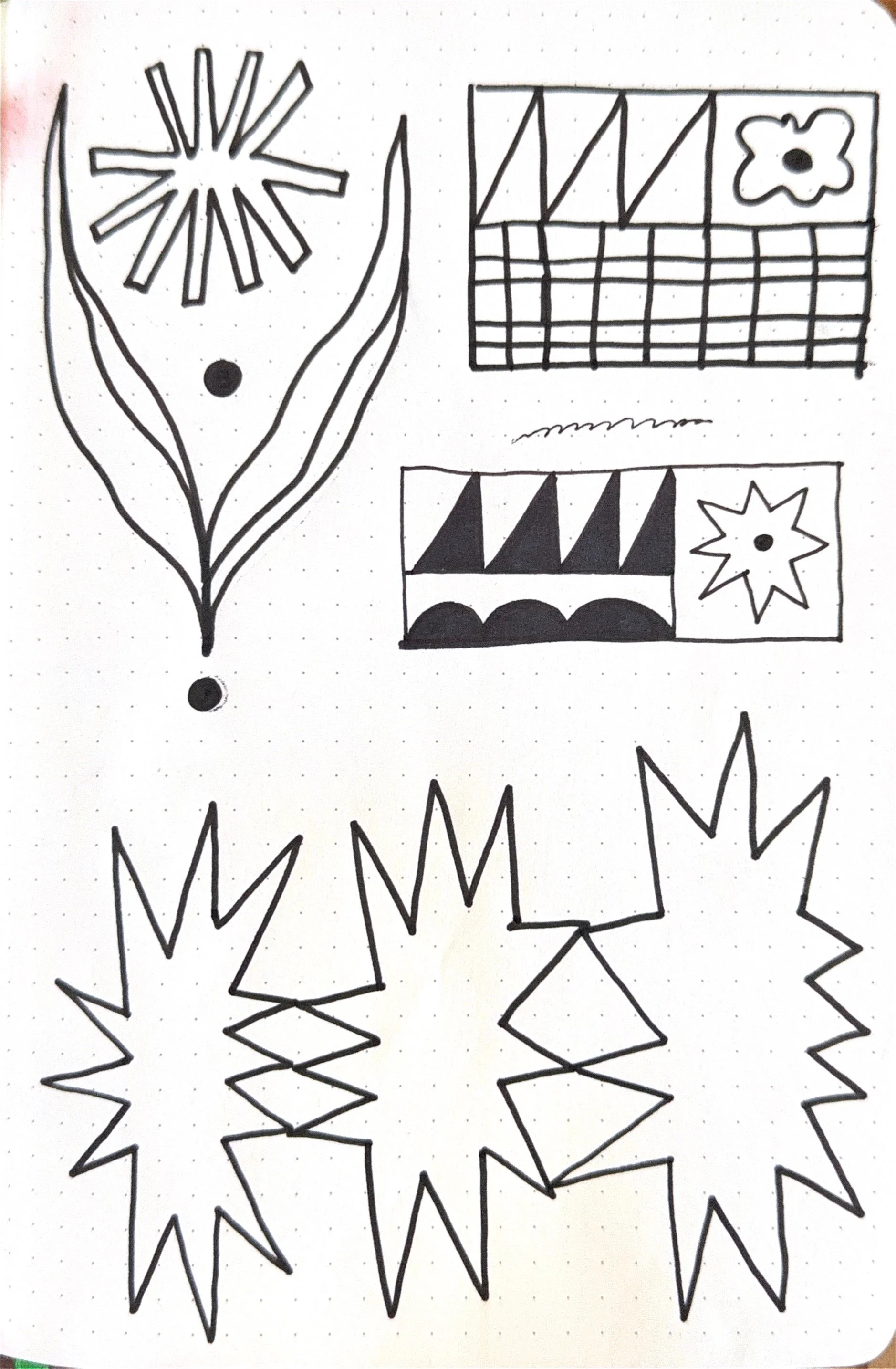 Black ink drawings of various geometric shapes and patterns on a white background, including abstract starburst designs, checkered and striped squares, and zigzag and jagged patterns.