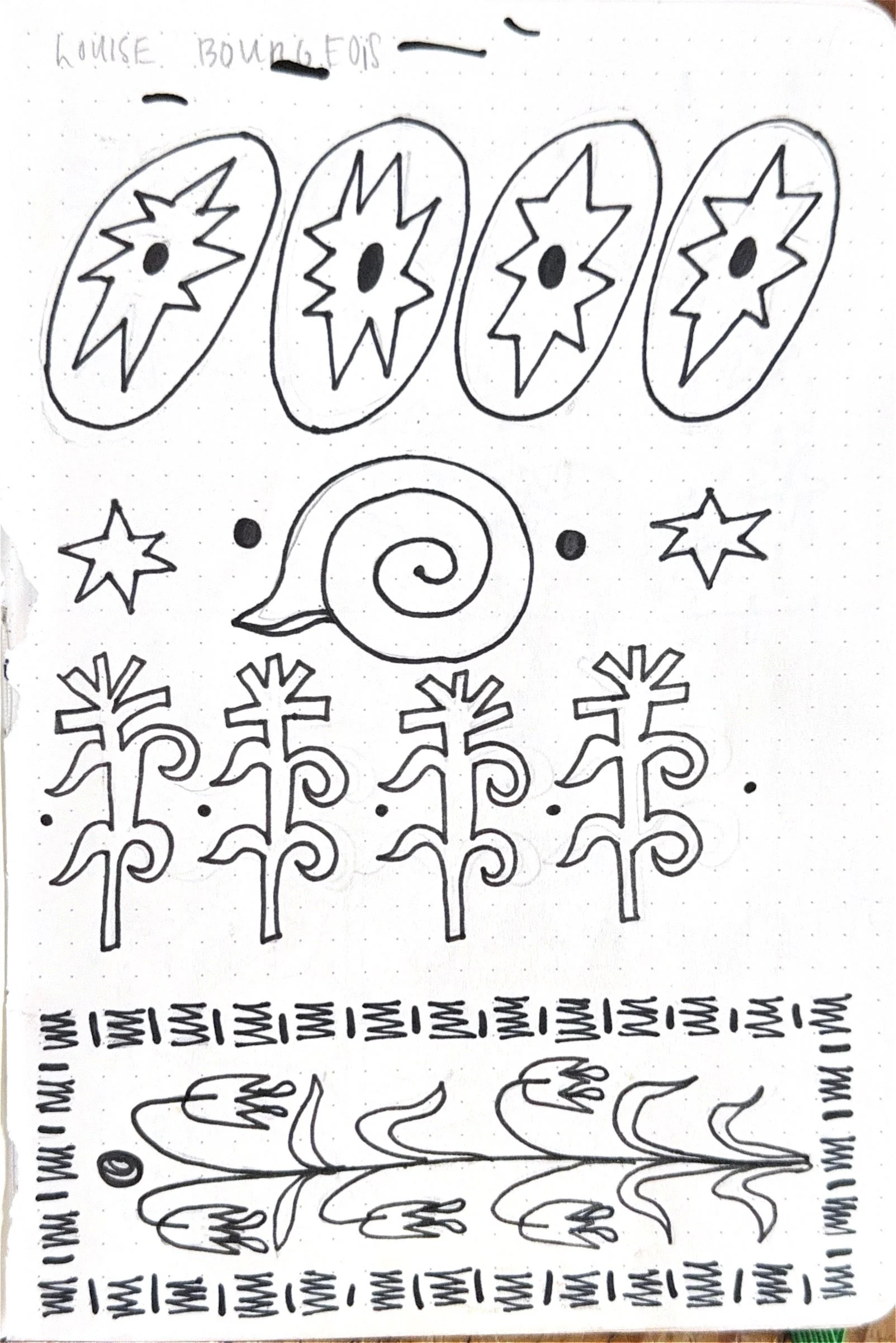 Black and white line drawing featuring stylized flowers, stars, a spiral shell, and various patterned lines and squiggles.