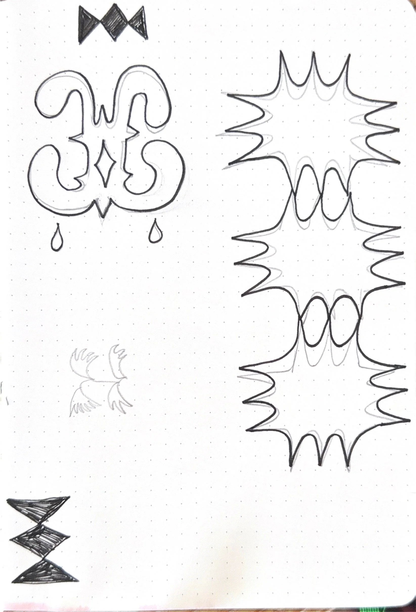 Hand-drawn comic-style speech and thought bubbles, arrows, and a small bird sketch on dotted paper.