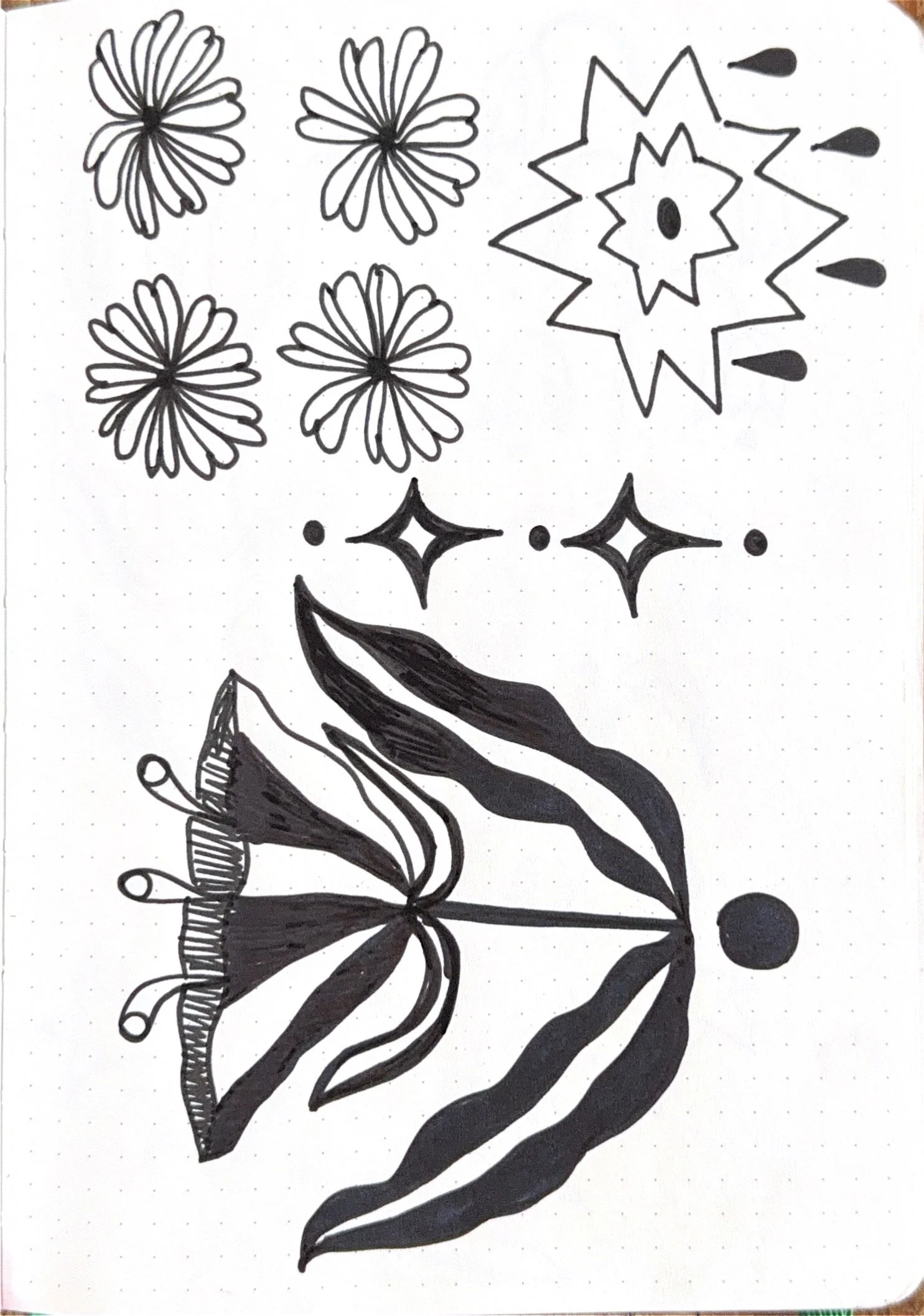Black and white drawing of four flowers, three star-shaped designs, two small dots, and a leaf with flowing lines.