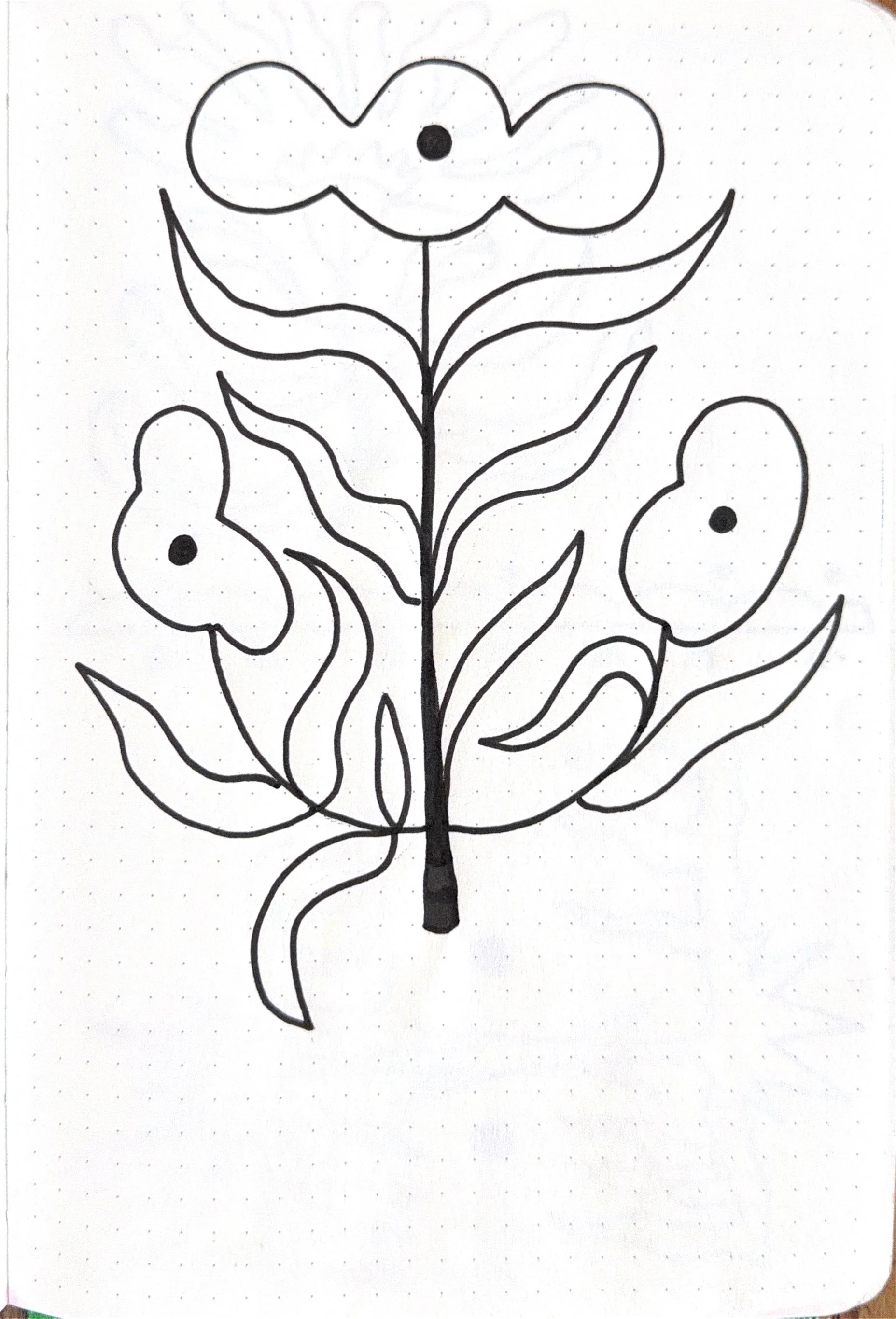 Black and white line drawing of a sunflower with three blooms and leaves.