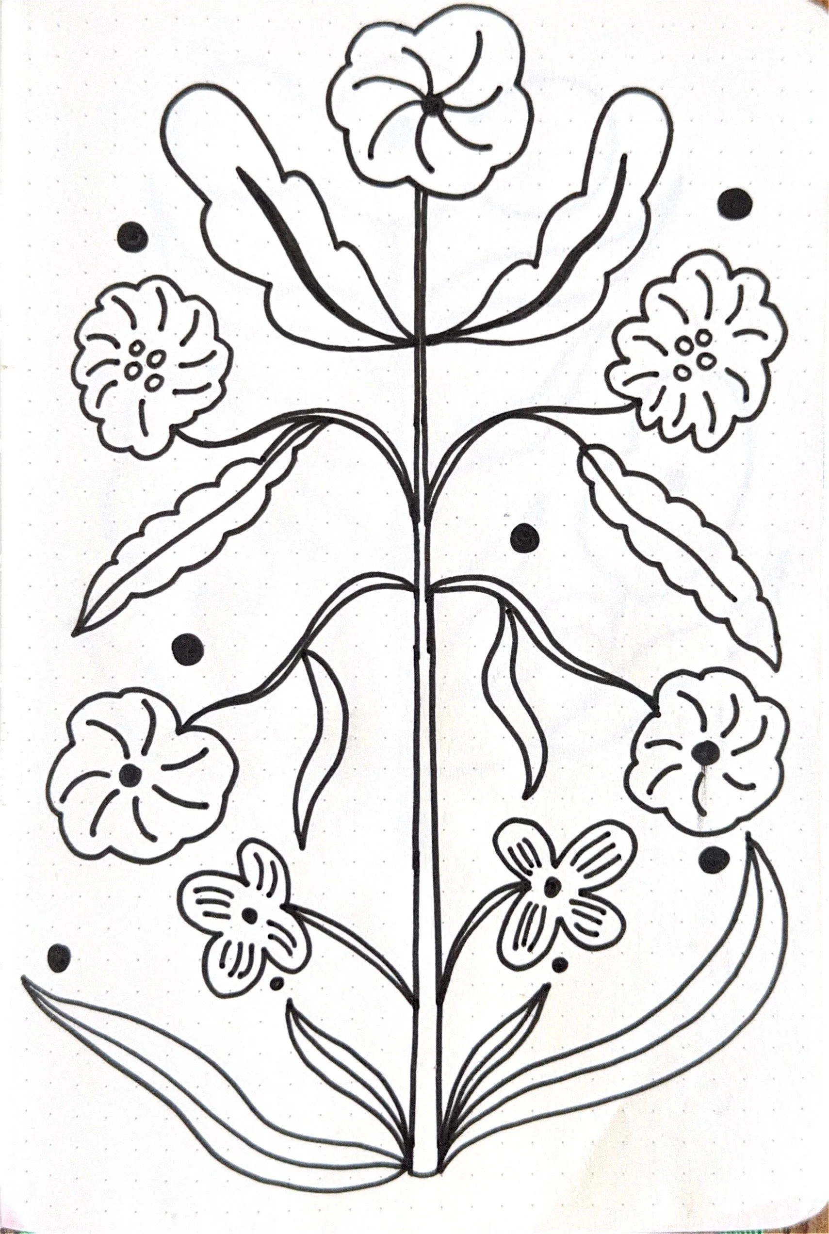 Outline drawing of a bouquet of flowers with large leaves, smaller flowers, and decorative dots.