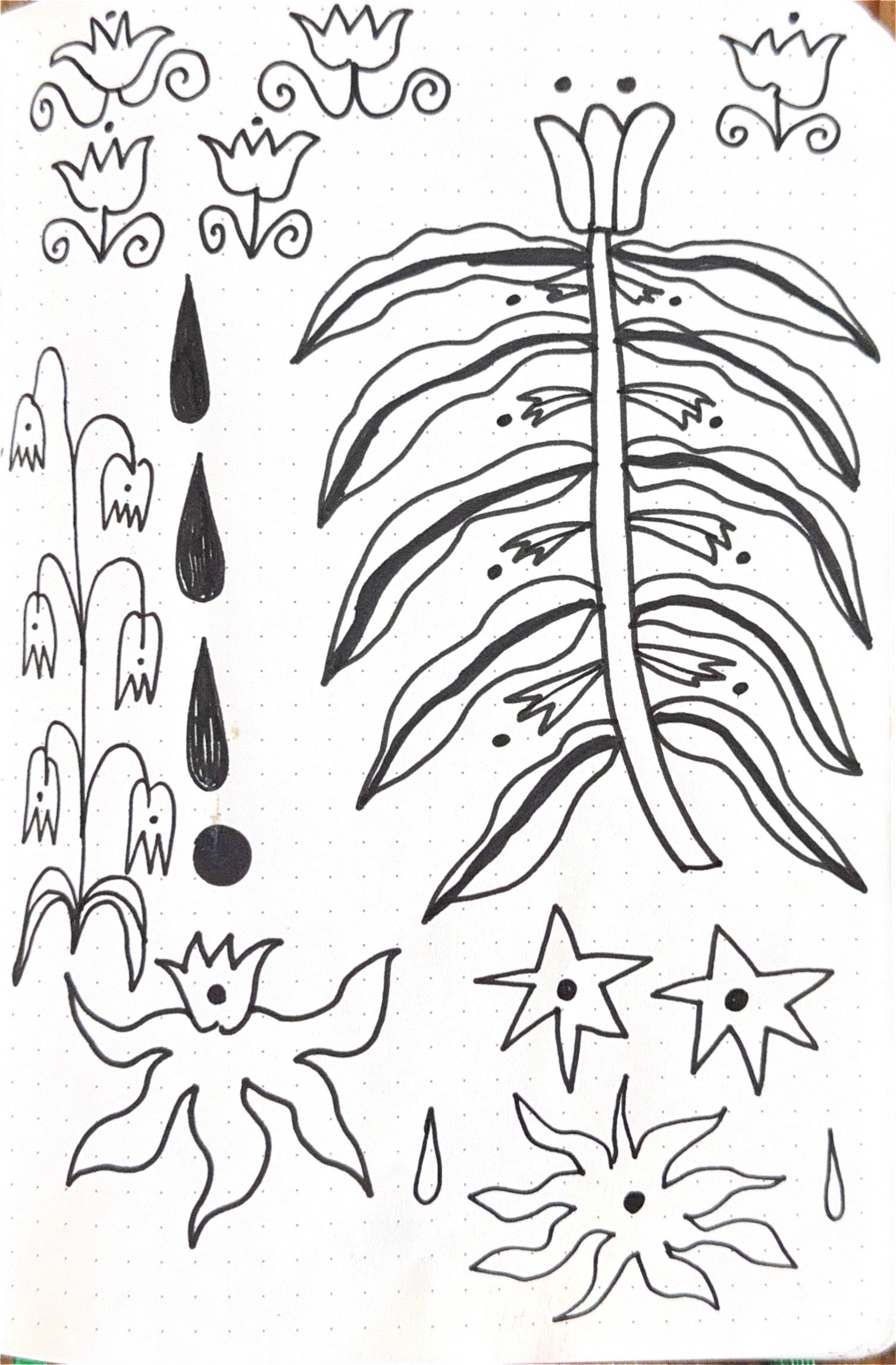 Black and white drawing featuring multiple snowflakes, flowers, stars, and teardrop shapes arranged in a pattern.