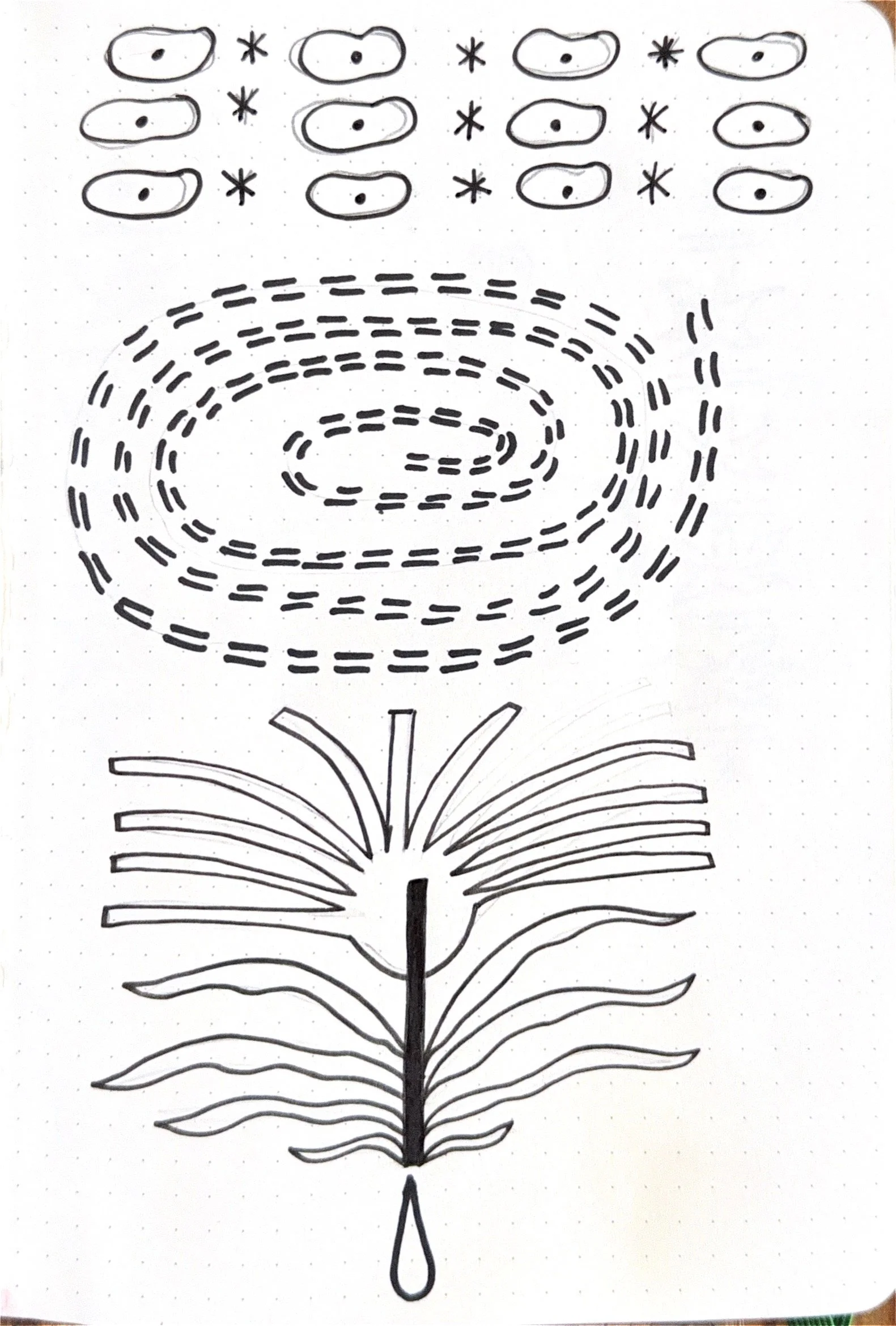 A black and white line drawing of a book opening with a stem extending downward, surrounded by leaf-like shapes, topped with a swirl and dotted pattern resembling a stylized flower.