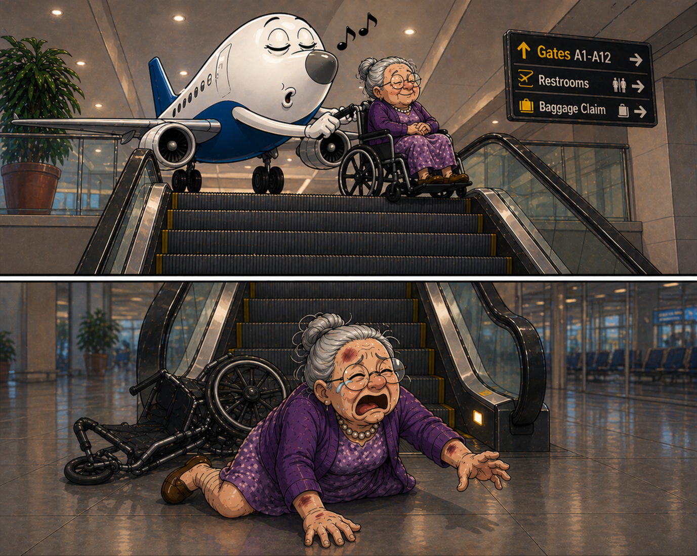 A cartoon scene at an airport shows a flying dog holding a wheelchair-woman's hand as they descend an escalator. The woman is in a wheelchair and smiling. In the second part, she has fallen to the ground at the bottom of the escalator, crying and looking distressed. Signage indicates directions for gates, restrooms, and baggage claim.
