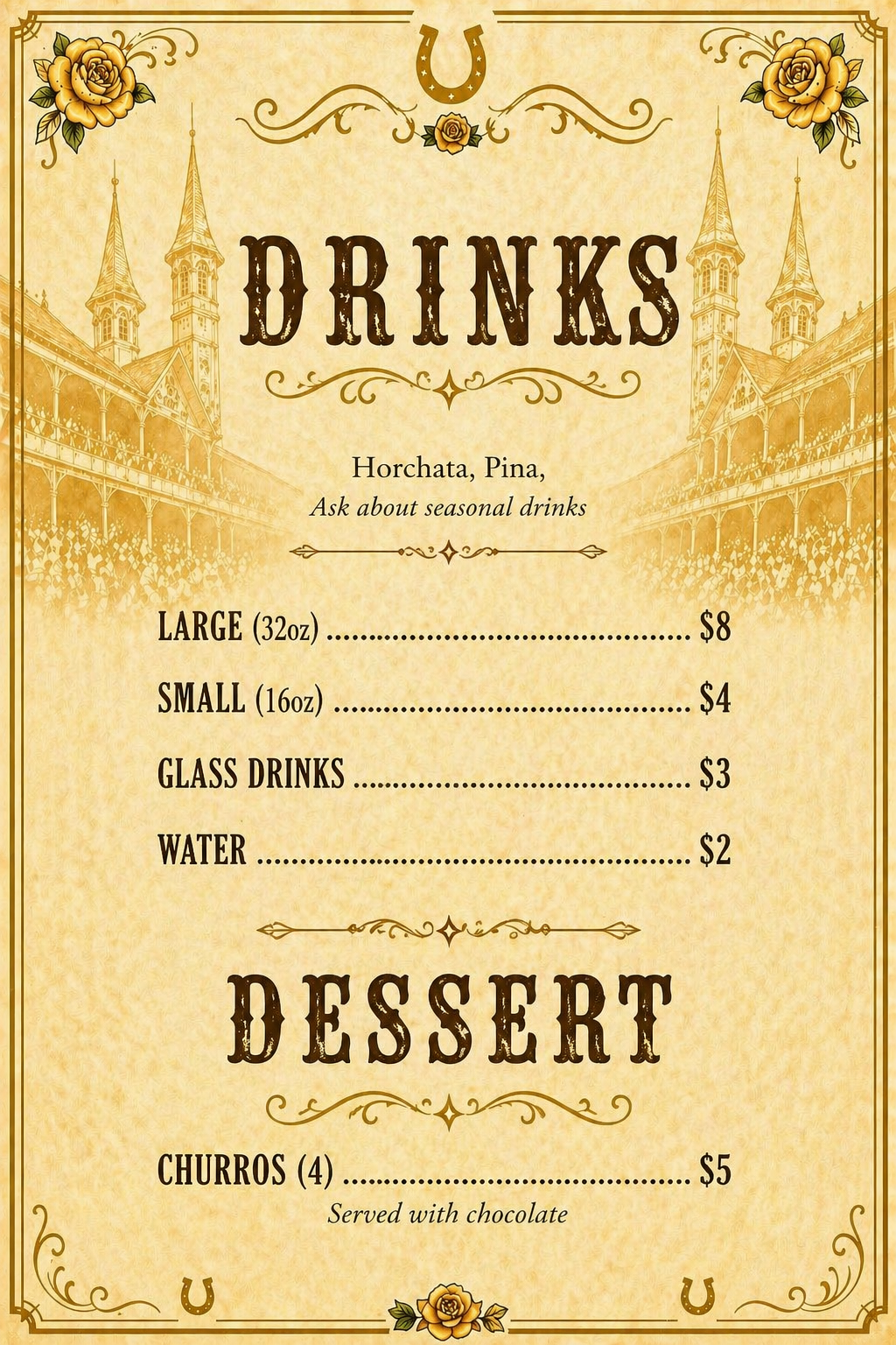 Menu featuring drink and dessert options with a Western-themed design, including yellow roses, horseshoes, and a historic-looking background.