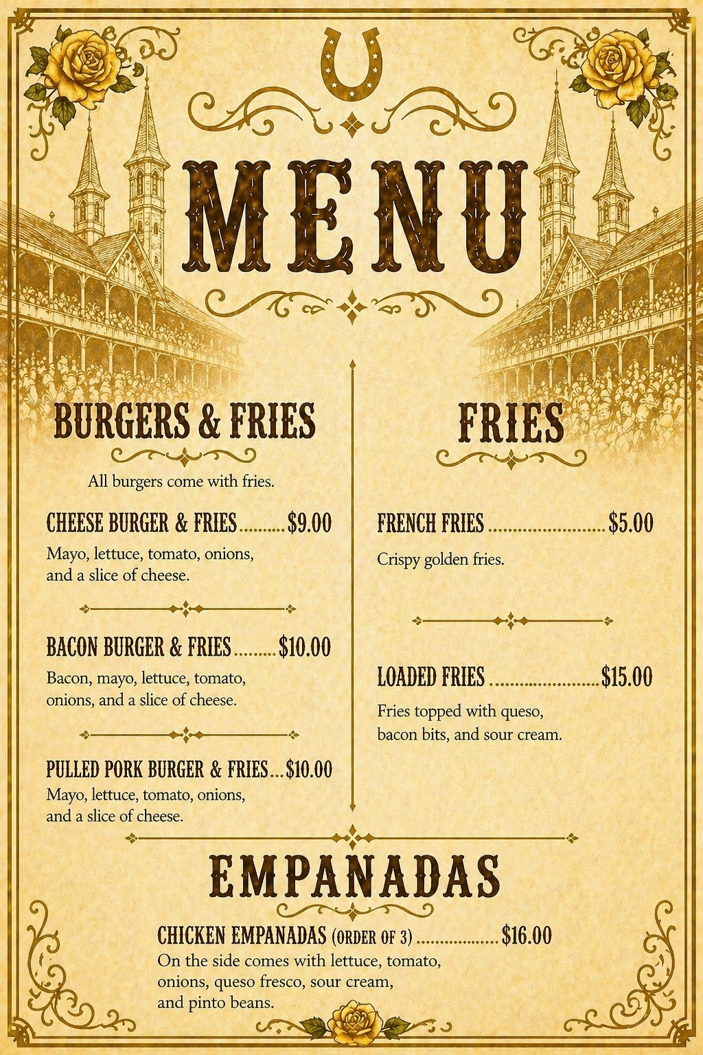 Restaurant menu featuring burger and fries options, various types of fries, and chicken empanadas, with a vintage background and floral decorations.