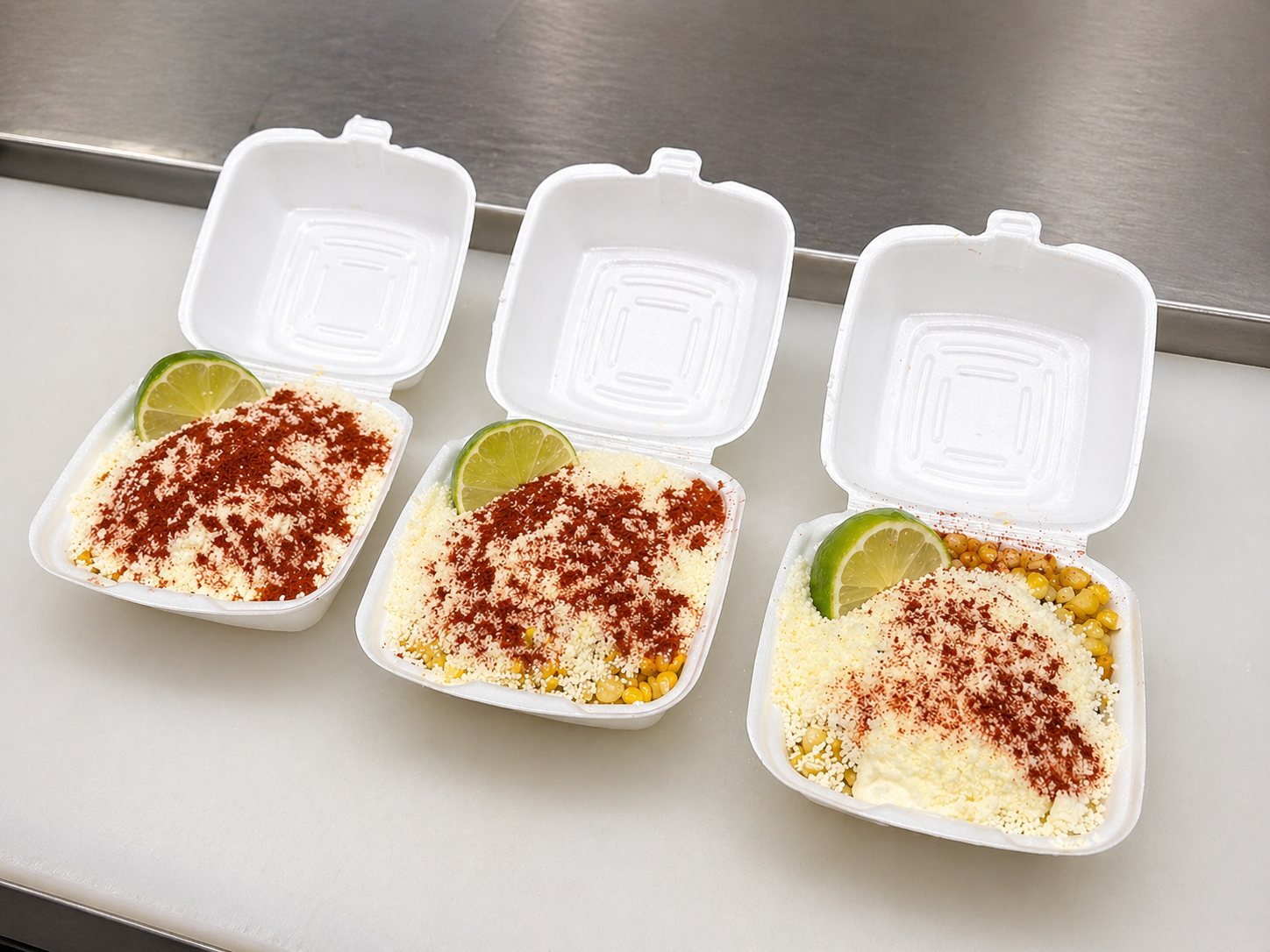 Three styrofoam food containers with grilled corn topped with mayo, Cotija cheese and paprika with a lime wedge on the top left corner