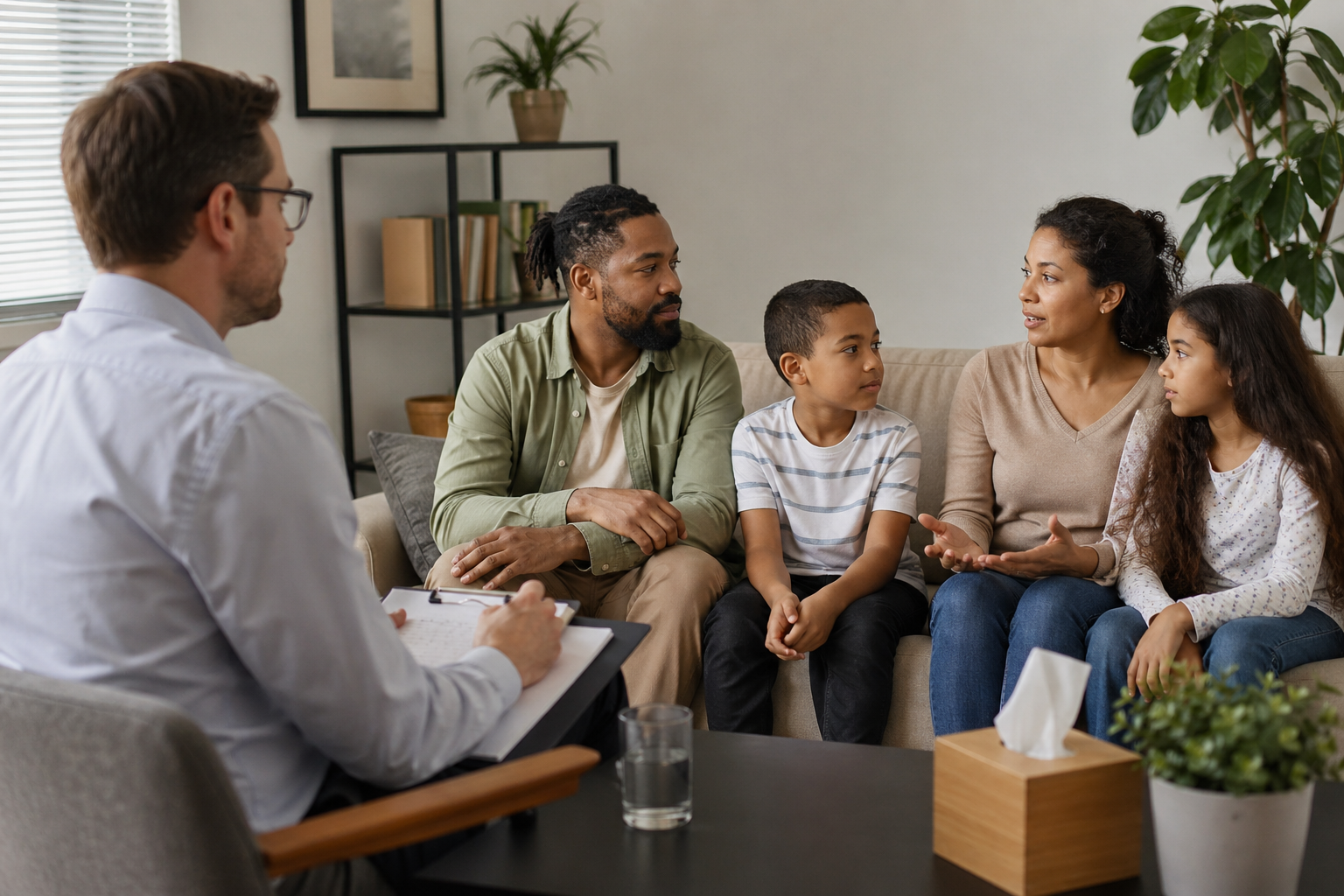 A family having a conversation with a therapist in a bright, cozy living room. The therapist has a notepad and pen, and the family members are sitting on a sofa, engaging in discussion.