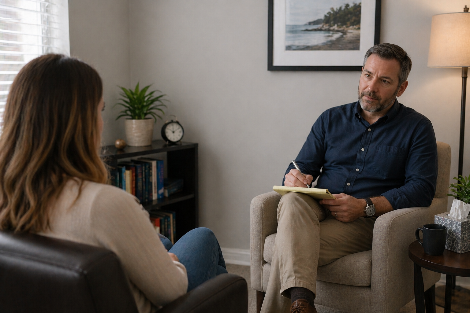 A man and woman having a therapy session in a cozy office. The man is taking notes, sitting in an armchair, and the woman is sitting on a couch facing him. The room has a bookshelf, a plant, a clock, and framed pictures on the wall.