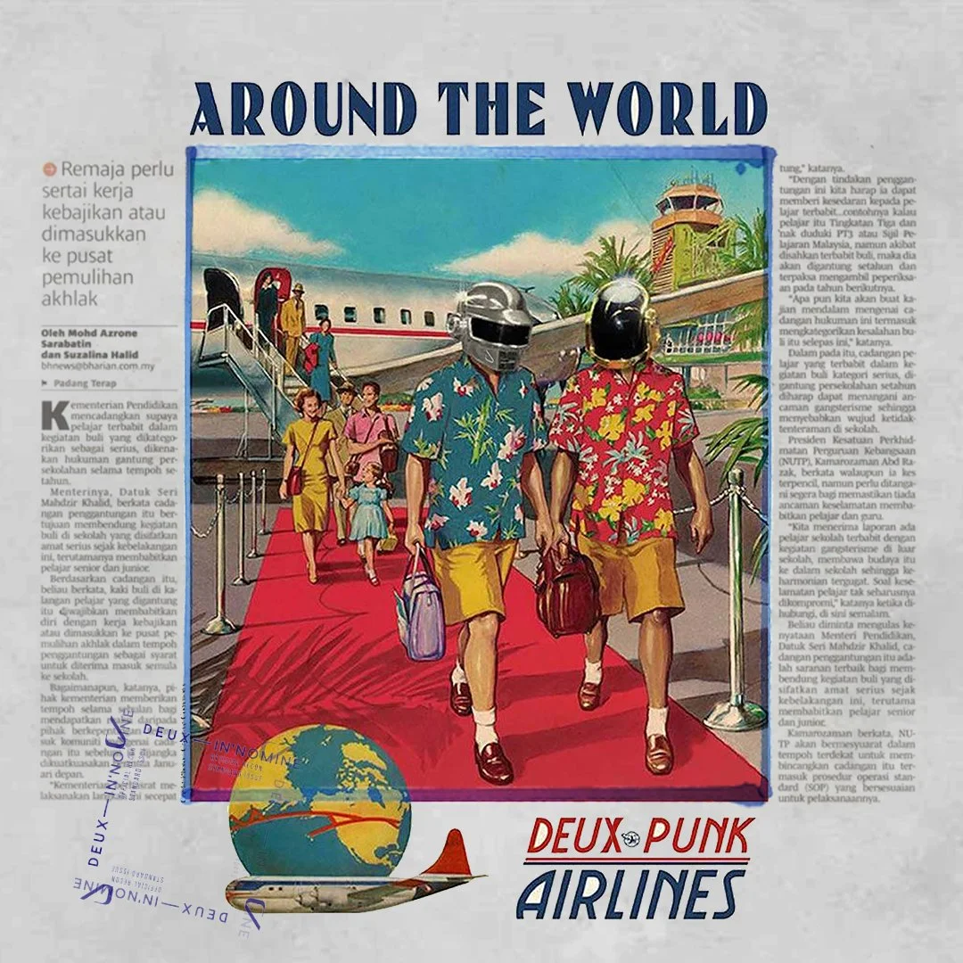 An illustration of travelers arriving at an airport with a plane in the background, and a logo for Deux Punk Airlines.