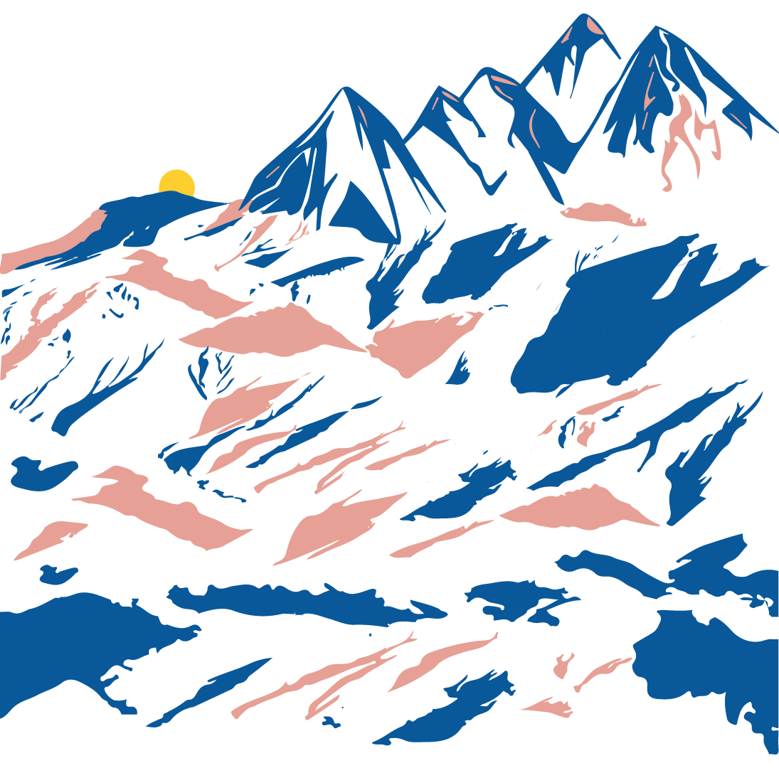 Digital illustration of a mountain landscape with snow-capped peaks, a setting or rising sun in the background, and a lake in the foreground reflecting the mountains.