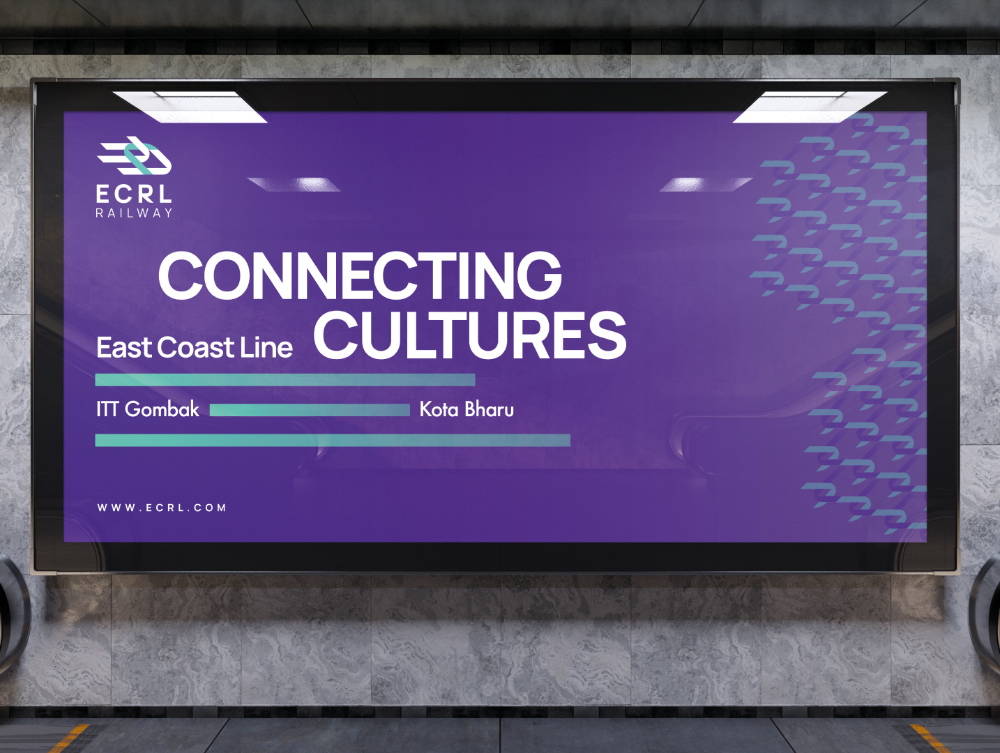 ECRL Railway billboard displaying 'Connecting Cultures' for East Coast Line, with stations IIT Gombak and Kota Bharu, on a purple background with train track graphic design.