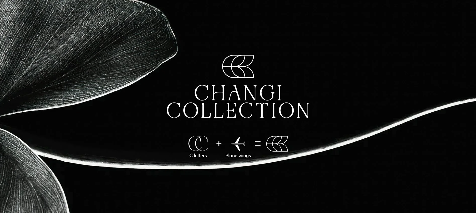 Black background with white text and line art logo. The text reads 'Changi Collection' with a small logo above. Below, a diagram illustrating the creation of a 'C' shape from the 'C' letter plus plane wings, forming a stylized leaf design.