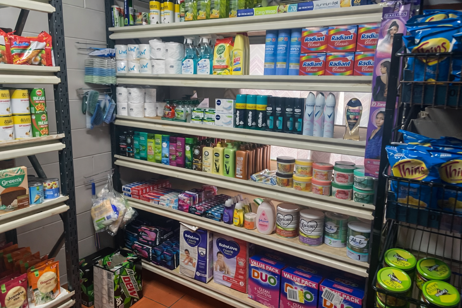 Store shelf stocked with household items, toiletries, cleaning supplies, diapers, and personal care products.