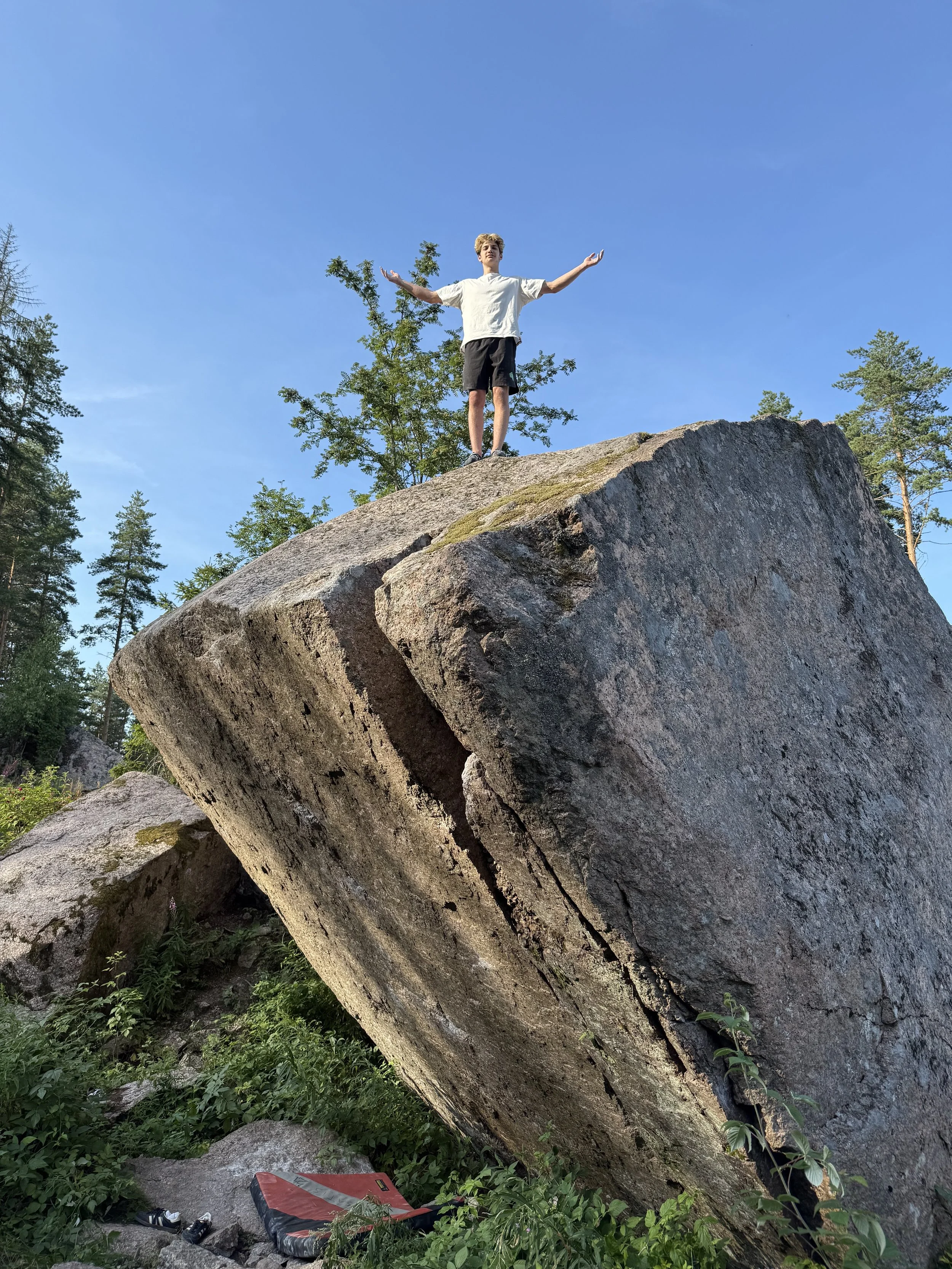A young man standing on top of a large rocky boulder with arms outstretched, surrounded by trees, under a clear blue sky.