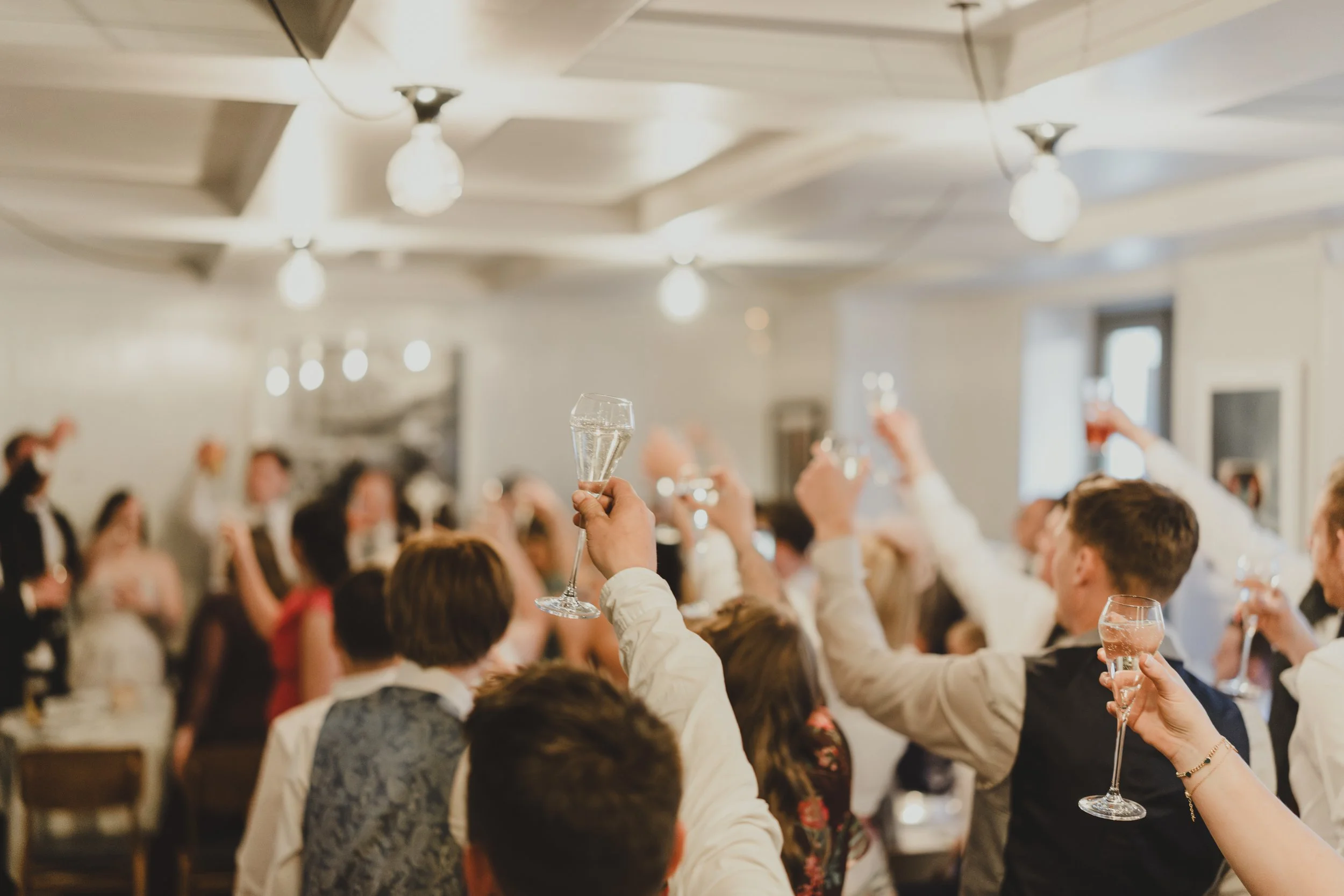 People at a party or wedding celebration raising glasses in a toast in a warmly lit indoor setting.