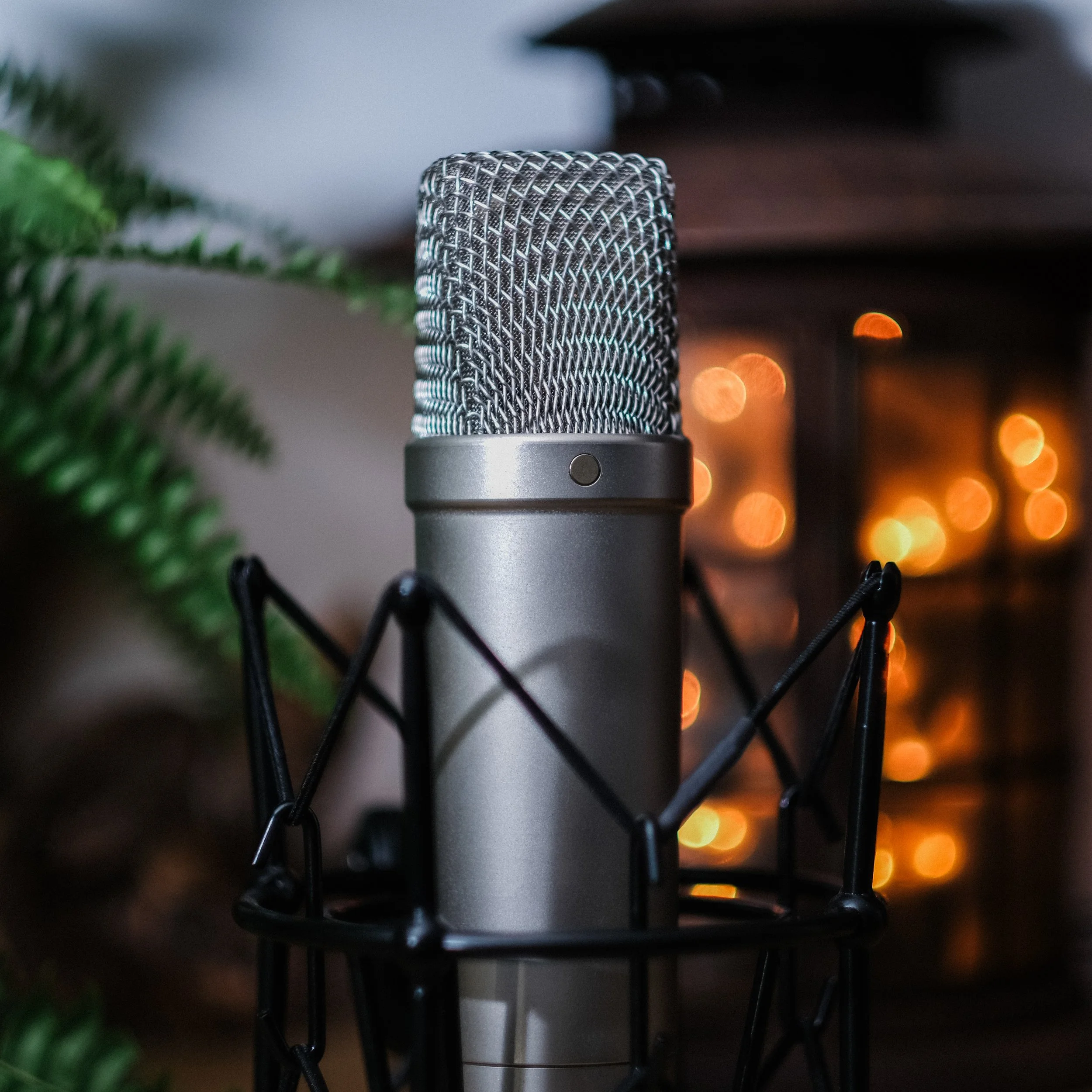 A close-up of a professional silver microphone with a mesh head, standing on a table or desk. The background is blurred with orange bokeh lights, and green foliage is visible on the left side of the image.