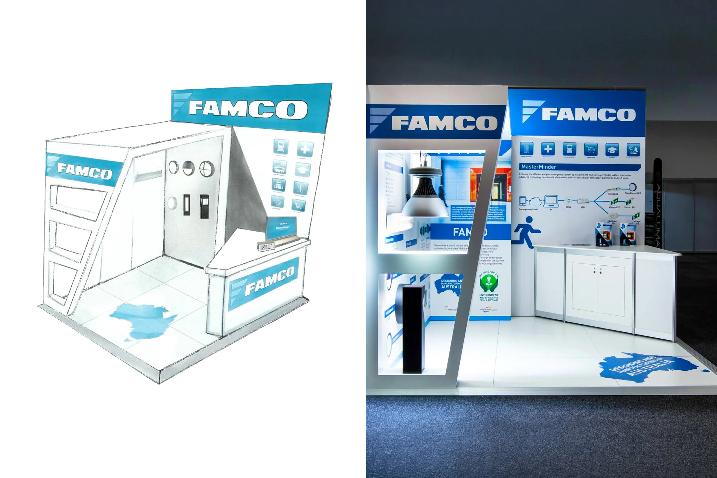 Concept render (left) and Expo stand side view (right)