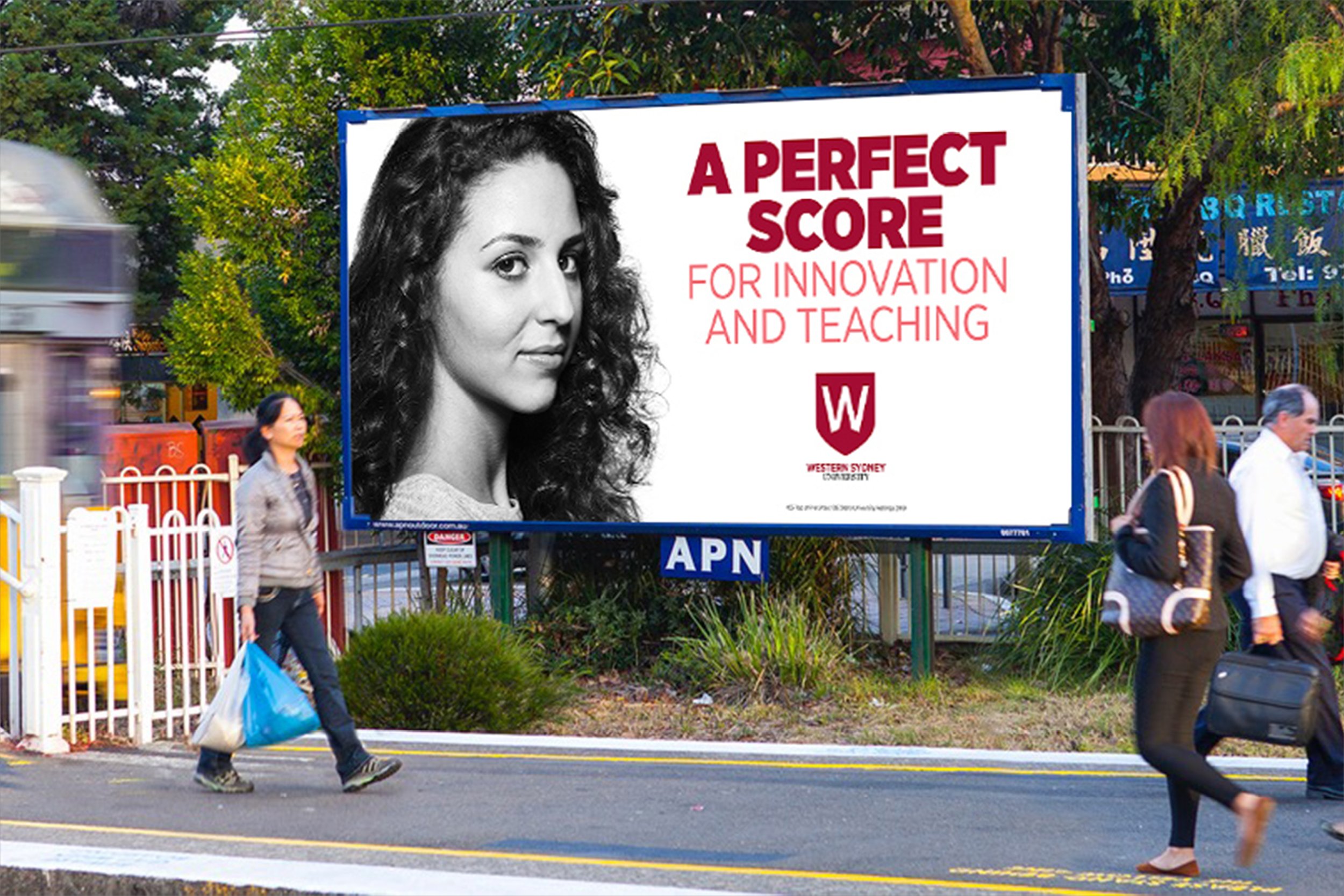 Western Sydney University credentials campaign transit billboard featuring A Perfect Score messaging
