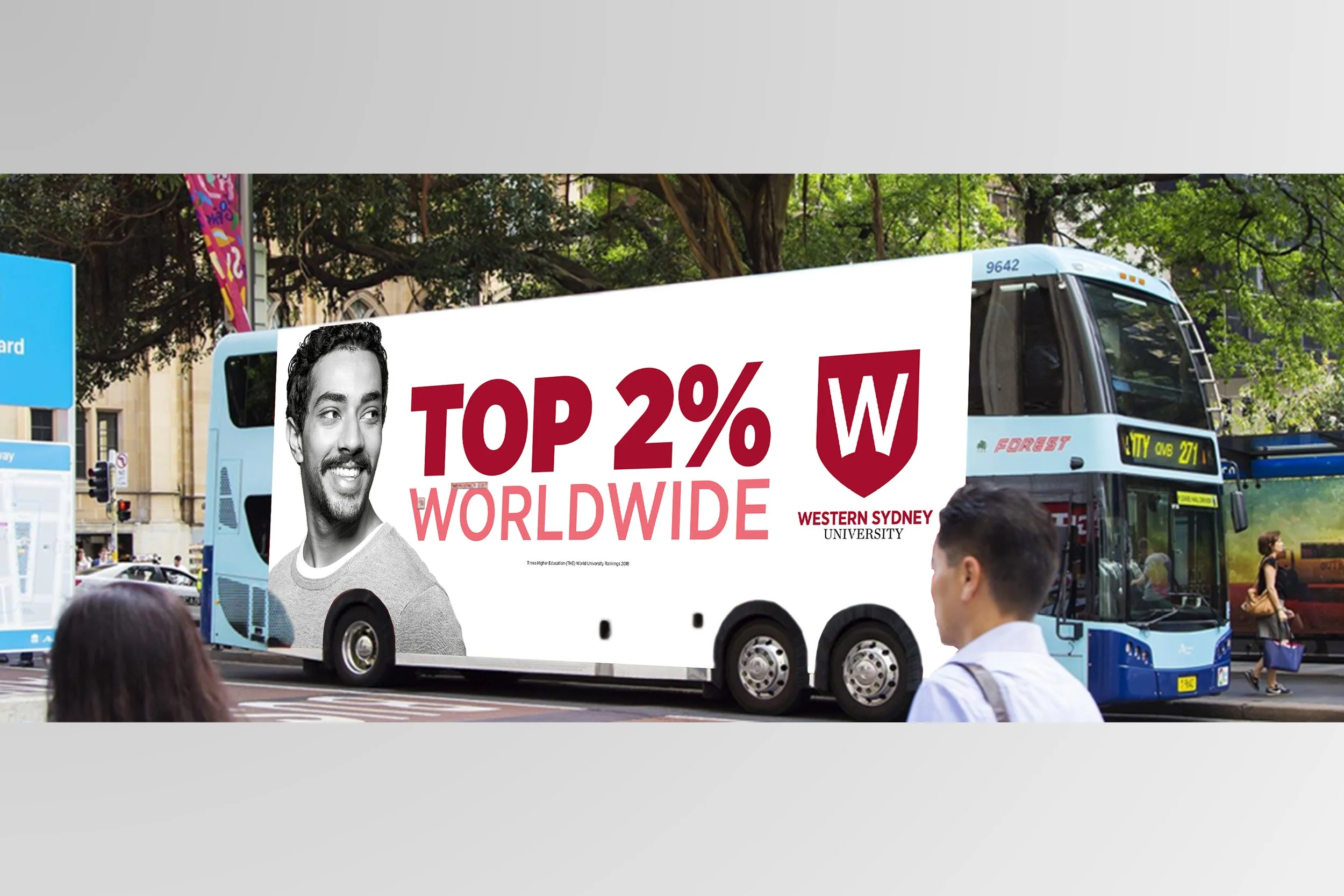 Western Sydney University credentials campaign bus side featuring Top 2% Worldwide messaging