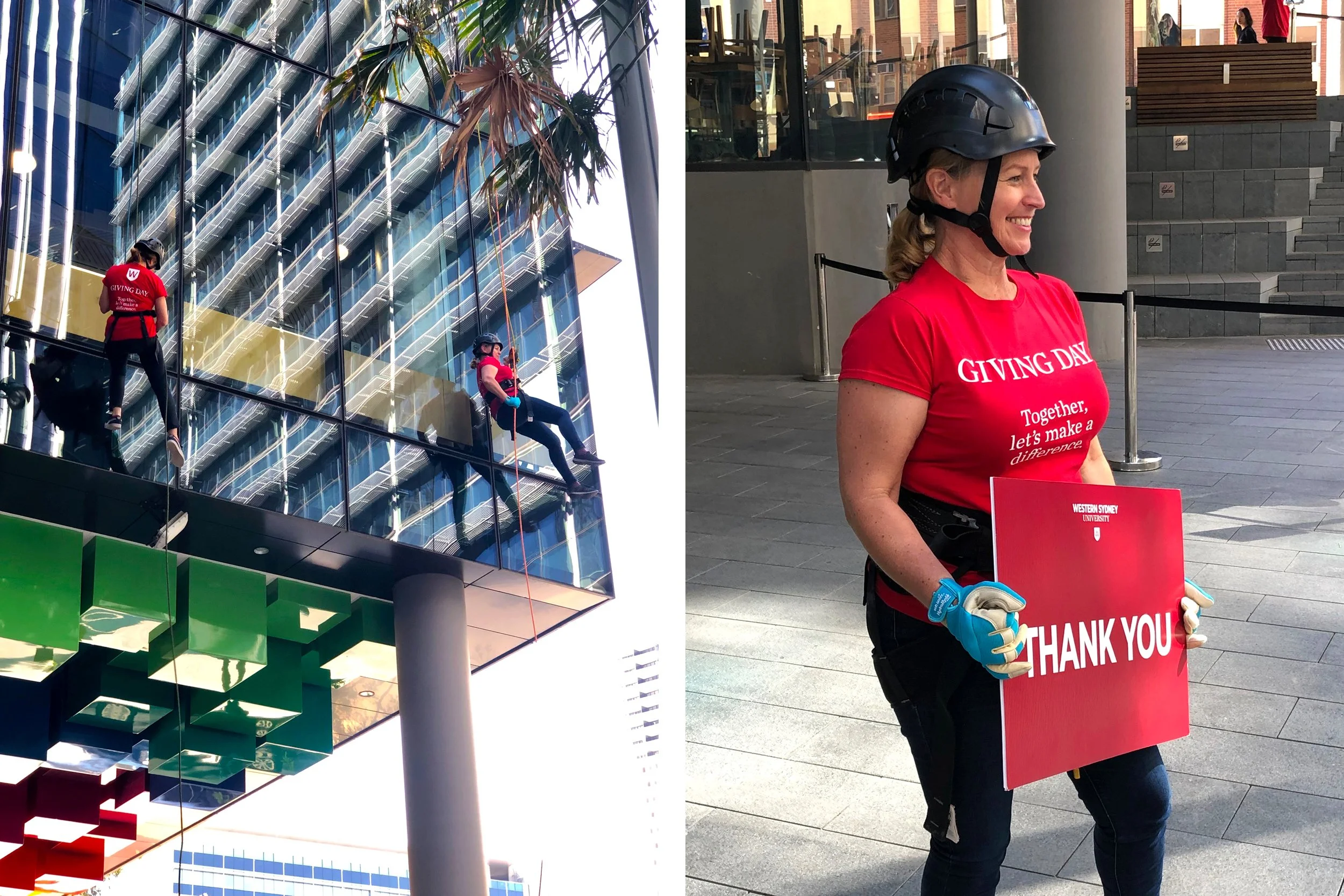 Participants abseiling down the Peter Shergold Building for the Chancellor’s Challenge