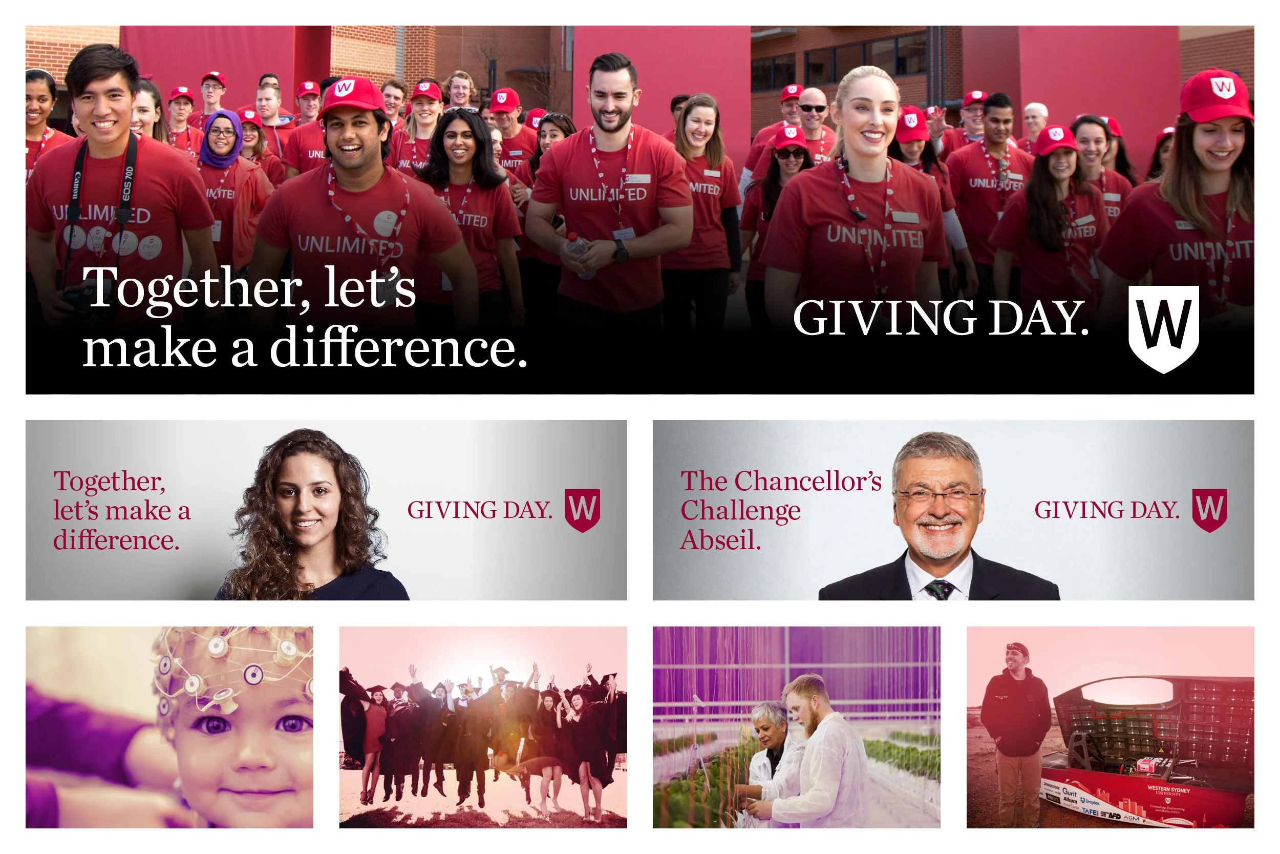 Event Day banner (top), Supporter Page banners (middle) & Project Fund tiles (bottom)