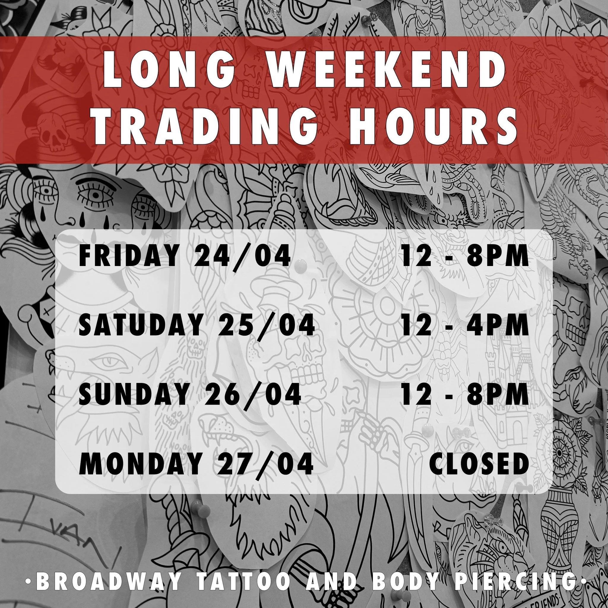 Our trading hours for the long weekend ahead: 

SATURDAY 25TH: 12-4PM.
MONDAY THE 27TH: CLOSED ALL DAY.

All other days will operate as normal, have a great long weekend from the Broadway team.☺️