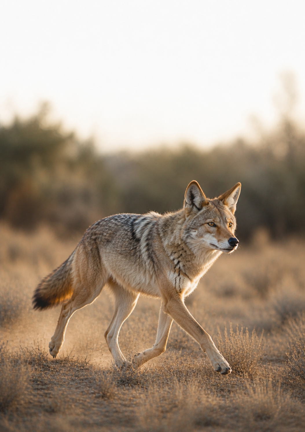 A coyote walking through a grassy field during sunset.