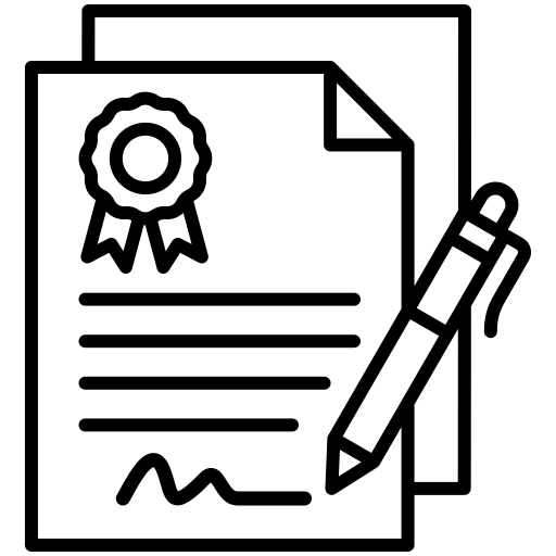 Black and white icon of notarised documents.
